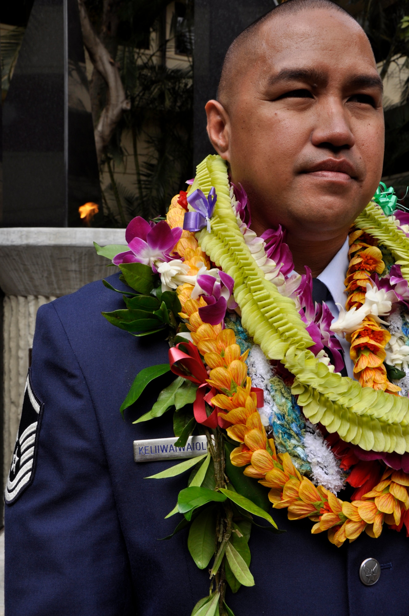 JOINT BASE PEARL HARBOR-HICKAM, Hawaii -- Master Sgt. Homer Keliiwaiwaiole retires from the Air Force Reserve at a ceremony held in his honor March 3, 2012, at the Courtyard of Heroes at the Headquarters, Pacific Air Forces building here. Sergeant Keliiwaiwaiole retires after twenty-one years of service. He began life his career as an Air Transportation Specialist with the 48th Aerial Port Squadron in 1992. In 1995 he transferred to what is now known as the 624th Civil Engineer Squadron as a Liquid Fuel System Maintenance Specialist.  During his tenure, Sergeant Keliiwaiwaiole supported military Operations such as “Southern Watch,” “Noble Eagle,” “Cobra Gold,” “Iraqi Freedom,” and “Enduring Freedom.” (U.S. Air Force photo/Master Sgt. Daniel Nathaniel)