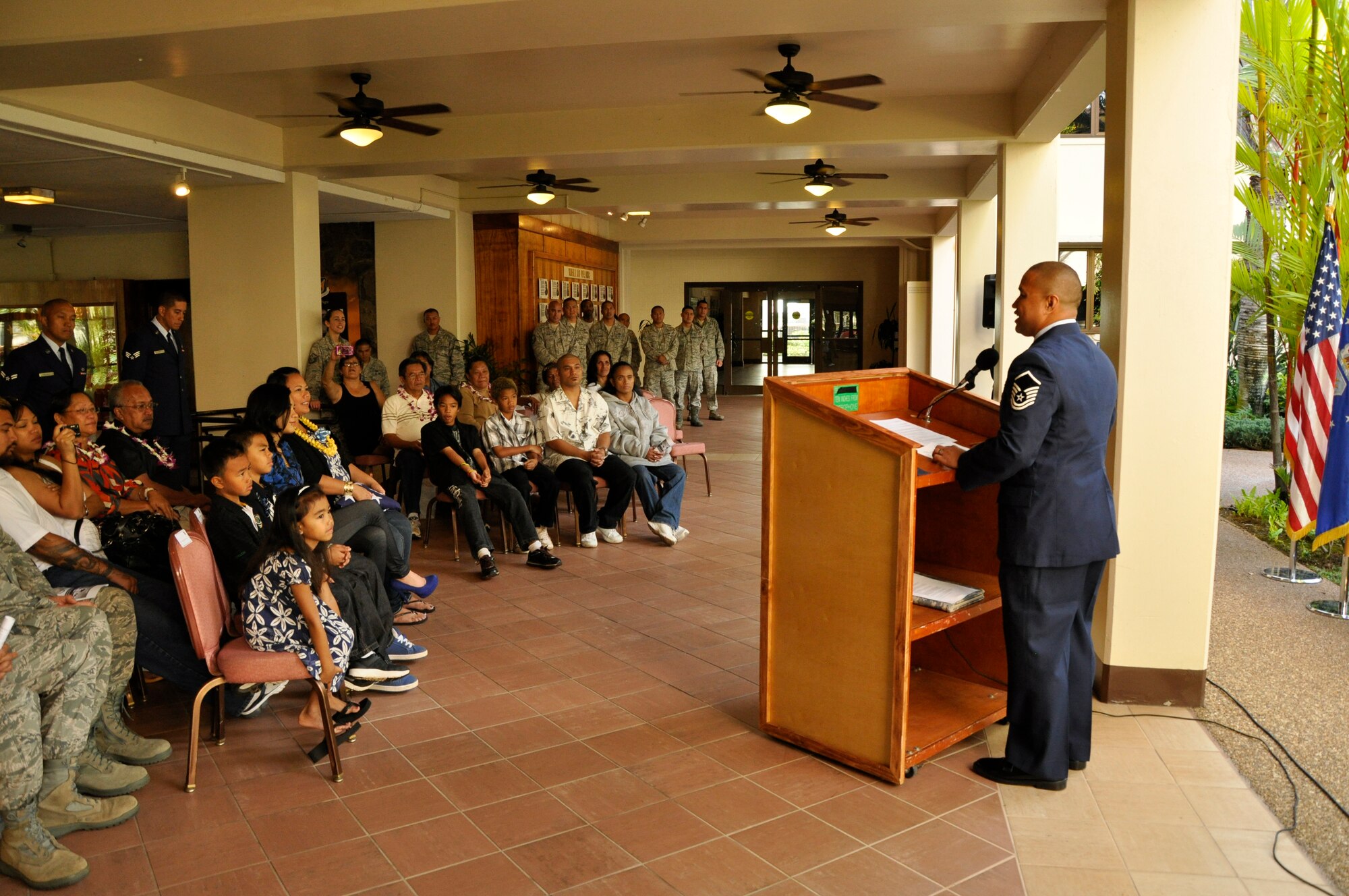 JOINT BASE PEARL HARBOR-HICKAM, Hawaii -- Master Sgt. Homer Keliiwaiwaiole shares his last words upon retirement from the Air Force Reserve at a ceremony held in his honor March 3, 2012, at the Courtyard of Heroes at the Headquarters, Pacific Air Forces building here. Sergeant Keliiwaiwaiole retires after twenty-one years of service. He began life his career as an Air Transportation Specialist with the 48th Aerial Port Squadron in 1992. In 1995 he transferred to what is now known as the 624th Civil Engineer Squadron as a Liquid Fuel System Maintenance Specialist.  During his tenure, Sergeant Keliiwaiwaiole supported military Operations such as “Southern Watch,” “Noble Eagle,” “Cobra Gold,” “Iraqi Freedom,” and “Enduring Freedom.” (U.S. Air Force photo/Master Sgt. Daniel Nathaniel)