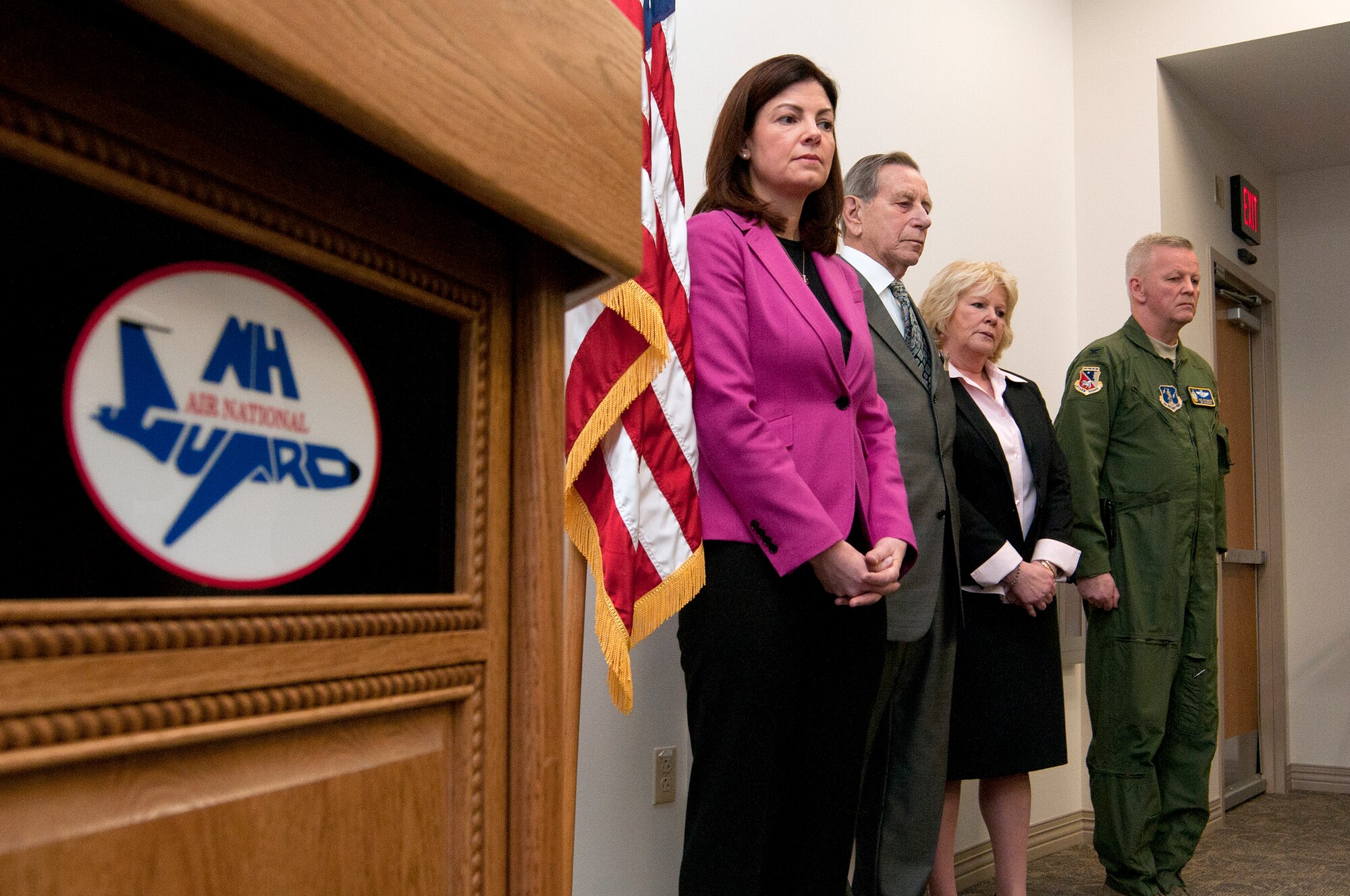 PEASE AIR NATIONAL GUARD BASE, N.H. -- U.S. Sen. Kelly Ayotte stands next to John Sangenario and his wife Jeannie along with Col. Paul Hutchinson, 157th Air Refueling Wing commander, during a posthumous medal decoration presentation for his brother Philip, a World War II veteran, Thursday here.  Philip Sangenario an Army National Guard private who was among the first paratroopers who parachuted into Normandy, France, on D-Day as a member of the 502nd Parachute Infantry Regiment, 101st Airborne Division.  (National Guard photo by Tech. Sgt. Mark Wyatt/RELEASED)