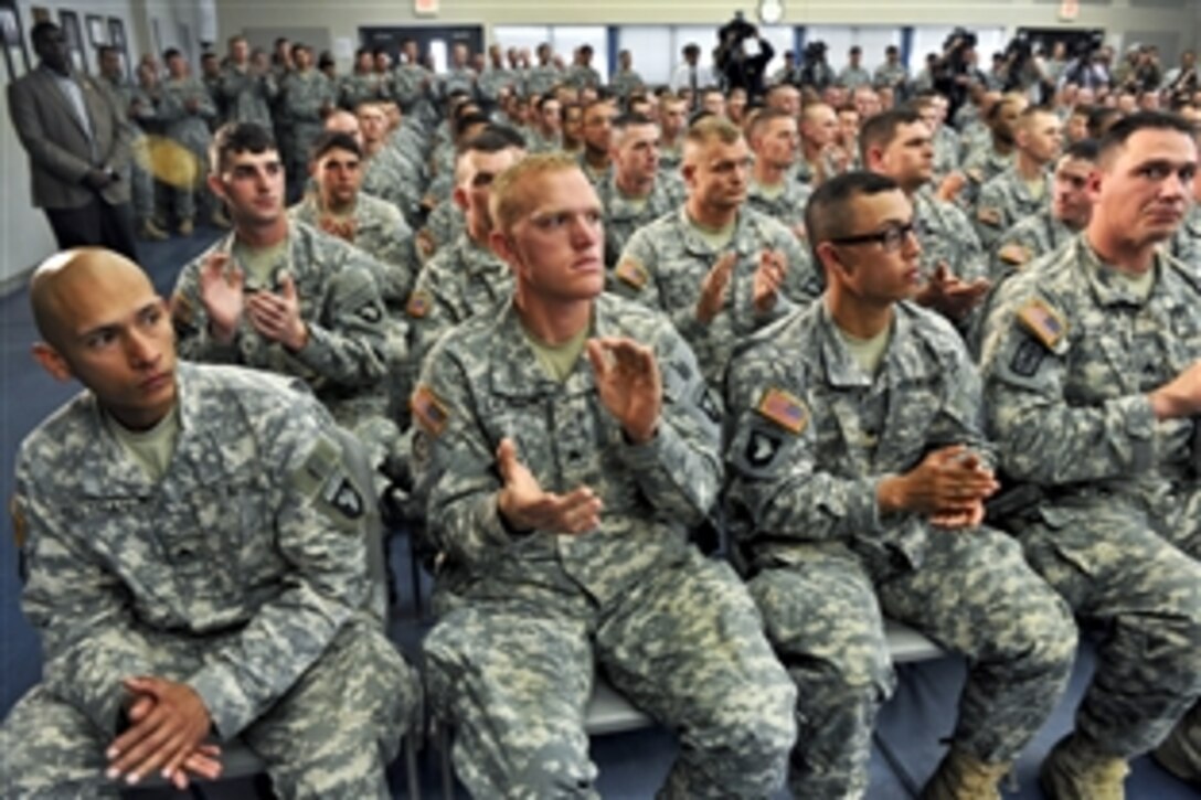 Soldiers assigned to the 101st Airborne Division applaud as Defense Secretary Leon E. Panetta speaks on Fort Campbell, Ky., March 2, 2012.