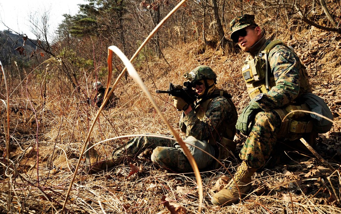 Platoon Commander, Capt. Jared Rey, assigned to FASTPAC (Fleet Anti-Terrorism Security Team) 2nd Company, 2nd Platoon gives guidance to Cpl. William Steinmiller about targetting while participating in a tactical movement scenario. Approximately 50 Marines assigned to 2nd Platoon conducted training at Camp Rodriguez Live Fire Complex as part of FAST Exercise 2012 to further sustain and improve weapons marksmanship Feb. 27 - Mar. 8.