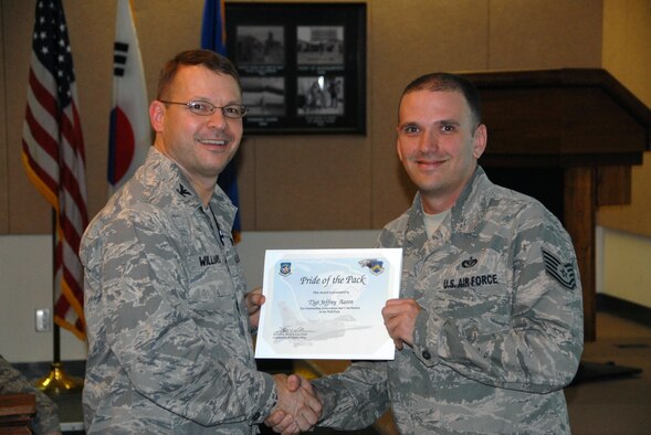 Col Stephen C. Williams, 8th Fighter Wing vice commander, presents Tech. Sgt. Jeffrey Aaron, 8th Civil Engineer Squadron, structures section assistant NCO in charge, with Kunsan’s Pride of the Pack, which recognizes the outstand work Airmen do every day. Aaron, along with Tech. Sgt. Christopher Allen, 8th CES water and fuel systems maintenance section assistant NCO in charge, were recognized for their work during an emergency weekend project to complete repairs on a water boiler on base. (U.S. Air Force photo by Capt. Omar Villarreal/ Released)