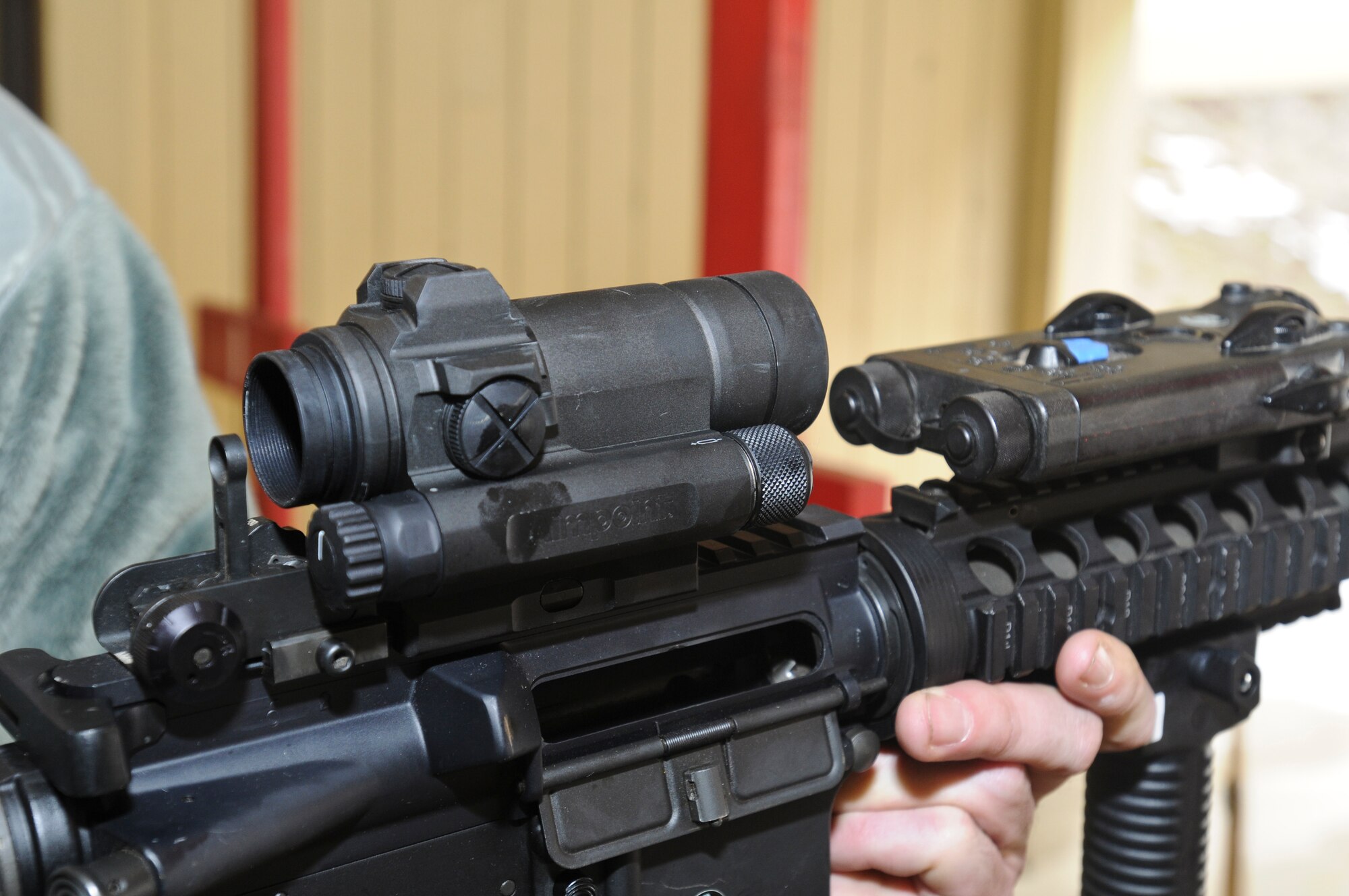 The M-68 close combat optic mounted on a M-4 rifle at Fairchild Air Force Base, Wash. on March 3, 2012. (U.S. Air Force photo by Master Sgt. Mindy Gagne)