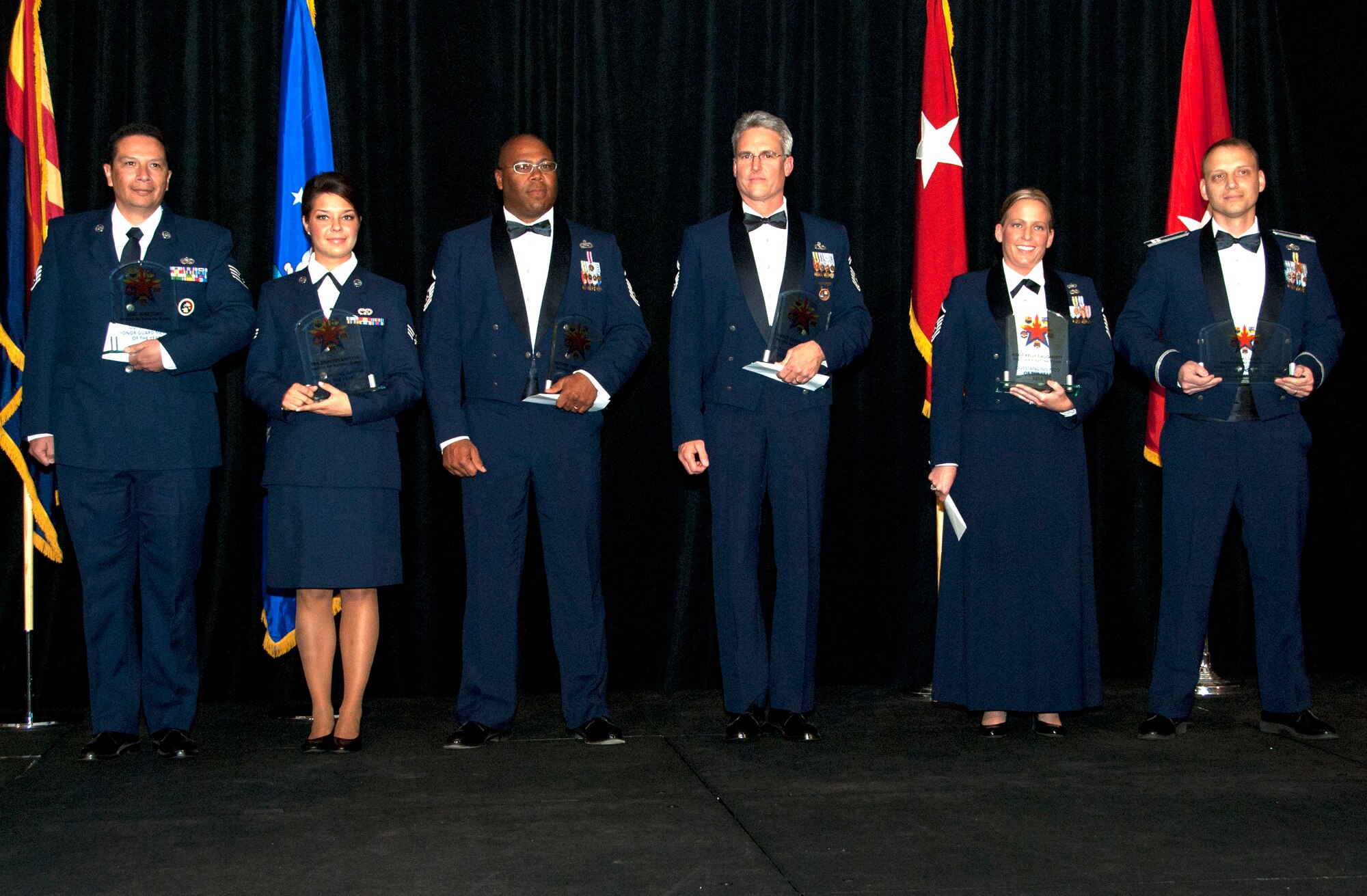 The 2011 Outstanding Airmen of the Year award recipients are, from left to right: Honor Guard Member Staff Sgt. Jose Toro, assigned to the 162nd Fighter Wing; Airman of the Year Senior Airman Jennifer Bartkus, assigned to the 161st Air Refueling Wing; First Sergeant of the Year Master Sgt. Wes Hudgins, Jr., assigned to the 161 ARW; Senior Noncommissioned Officer of the Year Senior Master Sgt. Chase Gibbons, assigned to the 161 ARW; Noncommissioned Officer of the Year Master Sgt. Kelly Daugherty, assigned to the 107th Air Control Squadron, and the Major General Donald L. Owens Junior Officer of the Year 1st Lt. Silas Gadd, assigned to the 161 ARW.  Not pictured is the Command Chief Master Sergeant Award recipient Staff Sgt. Jordan Jones, assigned to the 162 FW. (U.S. Air Force photo/Master Sgt. Dave Neve)