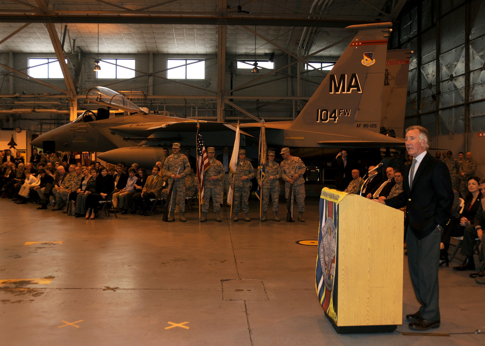 On March 3rd, 2012 Congressman Richard Neal speaks to the members of the 104th Fighter Wing during a Commander’s Call that was held in the main hanger at the 104th Fighter Wing Barnes Air National Guard Base, Westfield, MA. This commander’s call was held to give several members of the wing award. This event was also to recognize members of the wing who will deploy next month, a change in command and members who have returned from a deployment. (Air National Guard photo by Master Sergeant Mark Fortin)