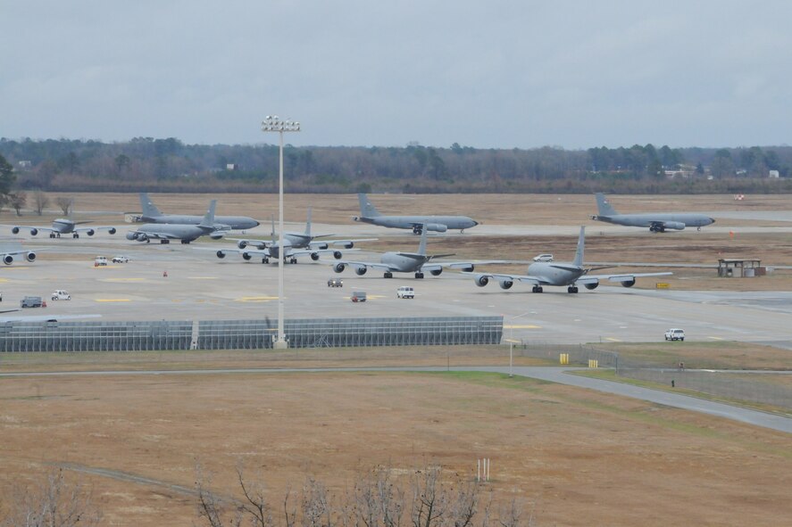 Nine KC-135R Stratotankers line the ramp at Seymour Johnson Air Force Base, N.C. on March, 4, 2012. A total of 10 air-to-air refueling tankers from here were airborne on Sunday morning as part of a wartime readiness exercise. (USAF photo by TSgt. Scotty Sweatt, 916ARW/PA)