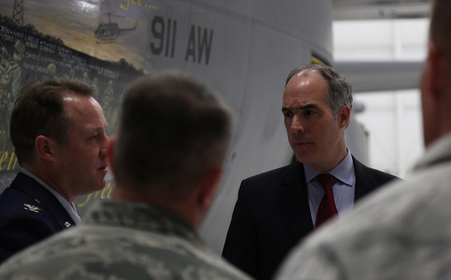 U.S. Sen. Bob Casey Jr., D-Scranton, listens to the 911th Maintenance Squadron’s briefing which highlights the squadron’s cost savings and mission focus at the 911th Airlift Wing on March 2, 2012. His visit included a walkthrough of the aircraft, a windshield tour of the base and a mission brief. Also included in the visit were Col. Anthony J. Carrelli, commander, 171st Air Refueling Wing and Cmdr. Tim Flecker, commander, Navy Operational Support Center Pittsburgh. Sen. Casey requested the meeting with local military leaders as a result of the Air Force’s recent Force Structure announcement and the Navy’s intent to build their reserve center at the 911th. (U.S. Air Force photo/Tech. Sgt. Ralph Van Houtem/Released)