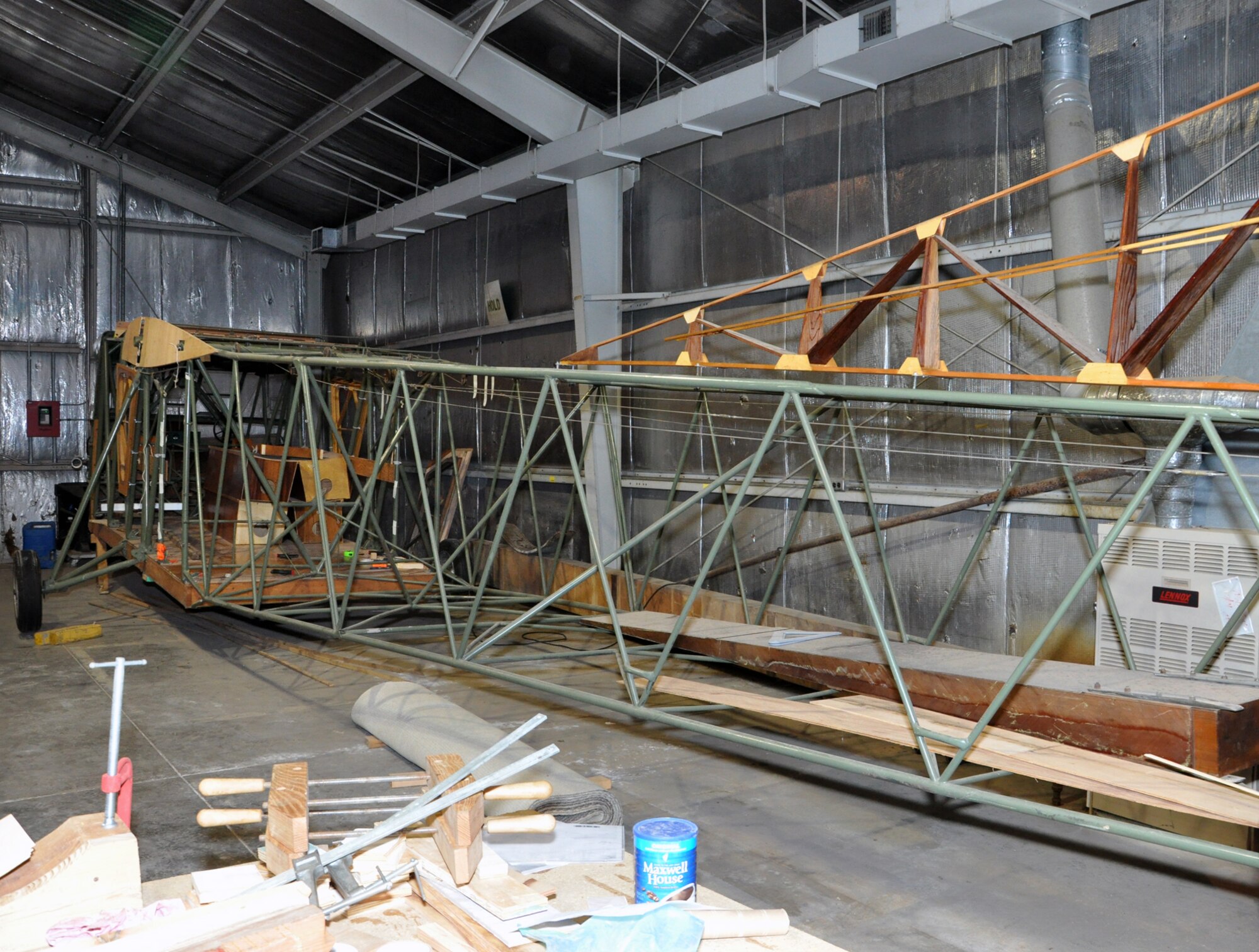 Mid to front section of a CG-4A glider at Whiteman Air Force Base, Mo., Feb. 28. The glider is being restored by volunteers. Gliders such as this one were used by the 442nd Troop Carrier Group to move troops and supplies during World War II. The 442nd Fighter Wing is an A-10 Thunderbolt II Air Force Reserve unit at Whiteman. (U.S. Air Force photo/Senior Airman Wesley Wright) 
 
