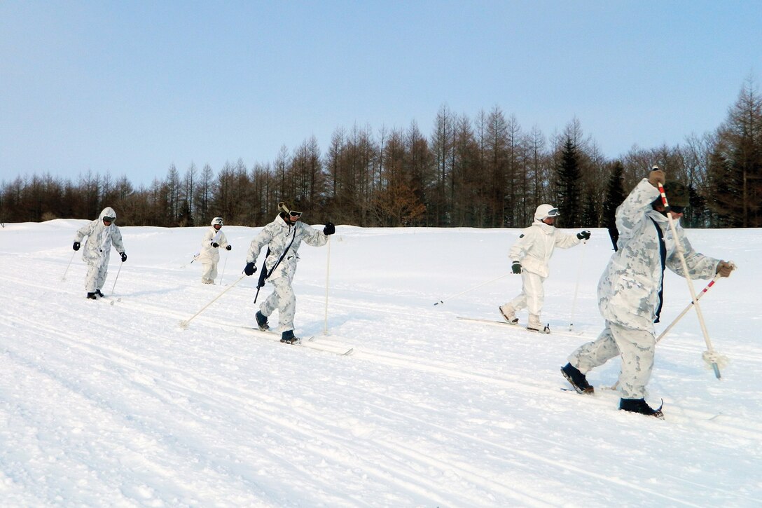 Marines and Japan Ground Self-Defense Force soldiers practice cross-country skiing at the Yausubetsu Training Area, Hokkaido, Japan, March 5, during Exercise Forest Light 12-2. The Marines and JGSDF soldiers spent hours practicing different techniques taught by JGSDF ski instructors. The purpose of Forest Light 12-2 was to enhance the interoperability of Marines and JGSDF members while increasing individual and unit readiness in a cold-weather environment.