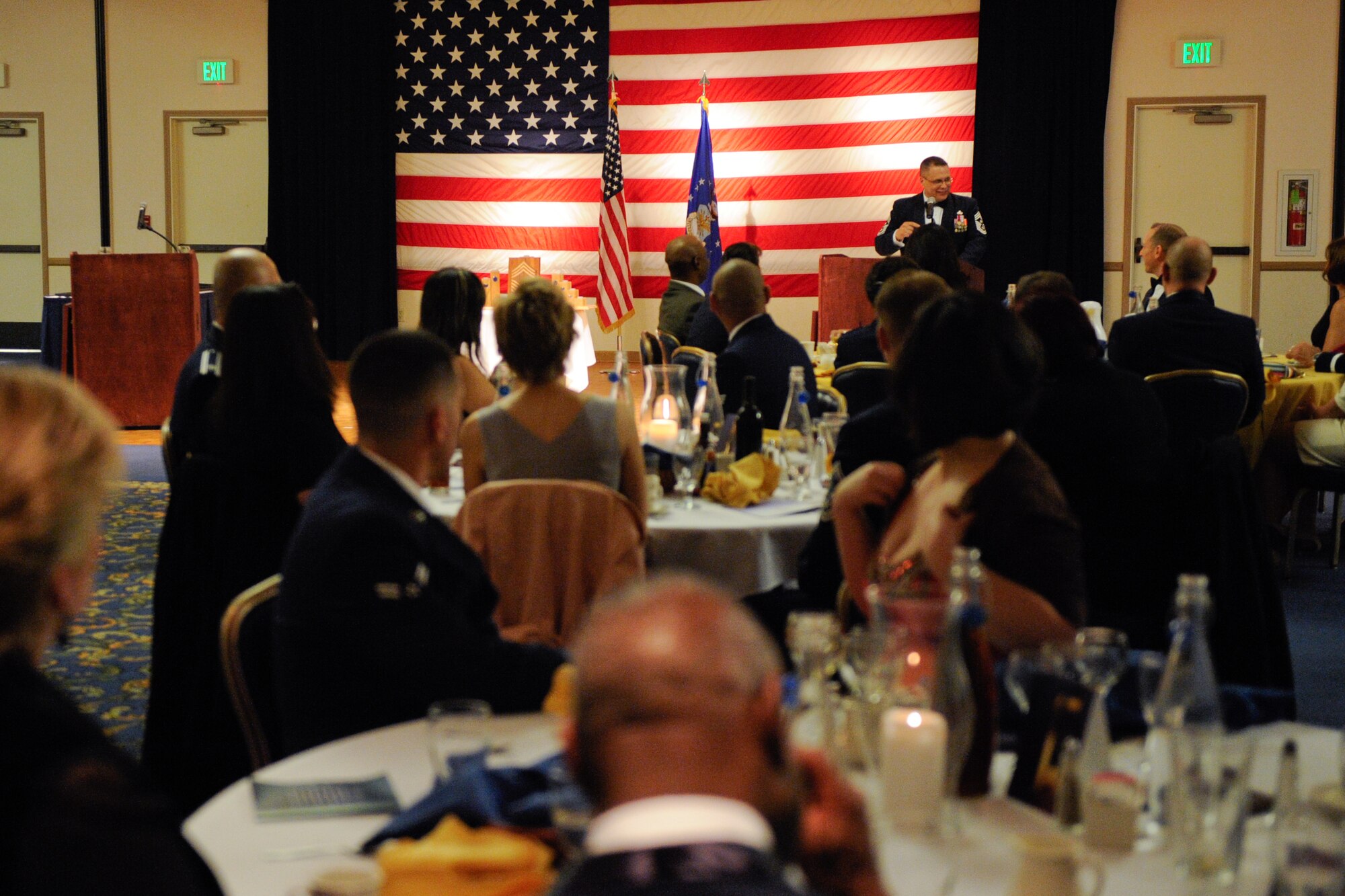 VANDENBERG AIR FORCE BASE, Calif. -- Retired Chief Master Sgt. James MacKinley, former 14th Air Force command chief, speaks during Vandenberg's Annual Chief's Recognition Ceremony at the Pacific Coast Club here Saturday, March 3, 2012. This event was held to recognize Team V's newest chief selects into the highest enlisted rank in the Air Force. (U.S. Air Force photo/Staff Sgt. Levi Riendeau)