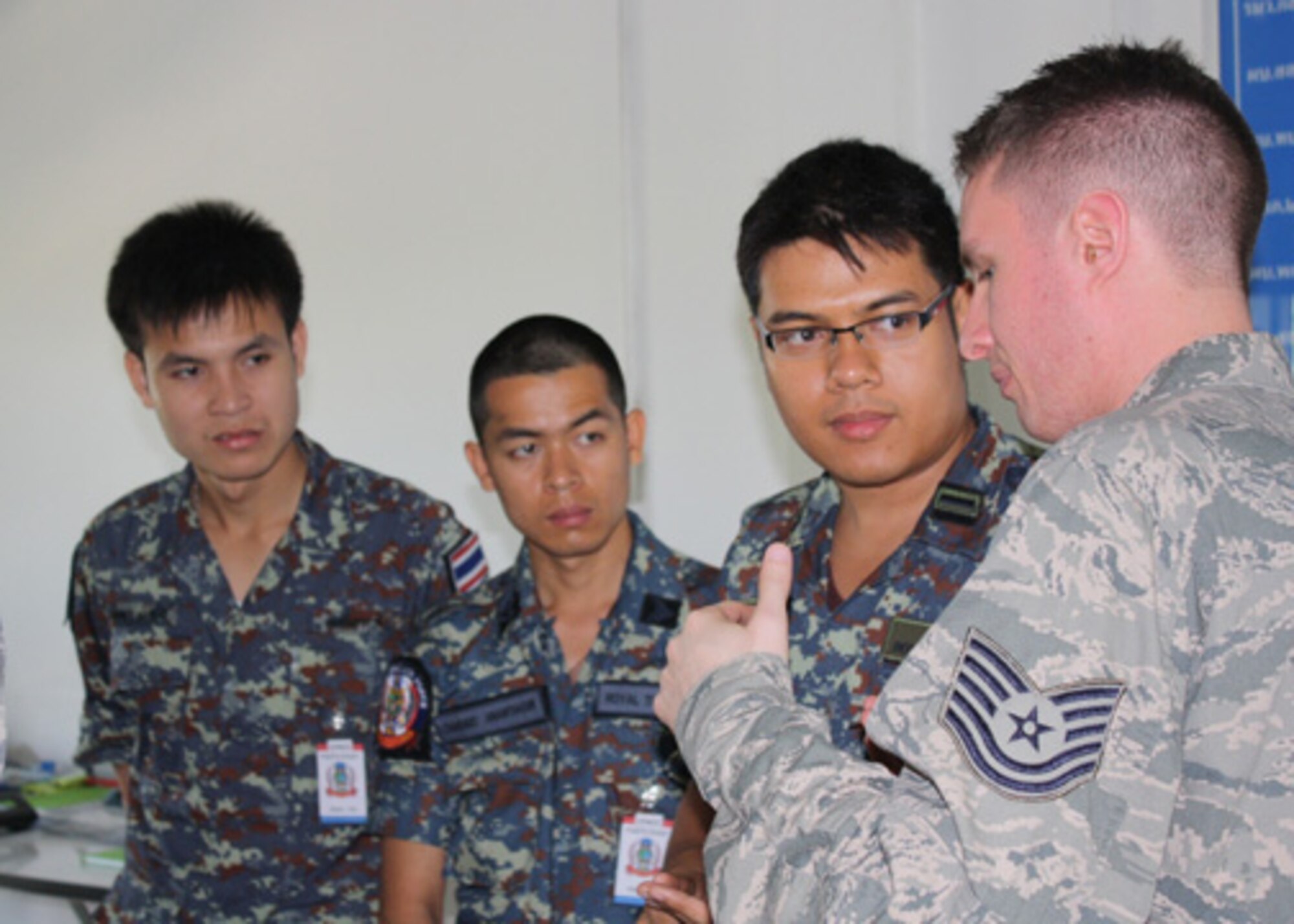 Tech. Sgt. Brian Harskey, a 157th Air Operations Group intelligence specialist, speaks with his Royal Thai Air Force counterparts during Cobra Gold 2012 at Camp Suranaree in Korat, Thailand.  Cobra Gold is an annual Thai and U.S. co-sponsored joint and multinational exercise that is designed is to improve partner nation interoperability and capacity to conduct joint and multinational planning, operations and to respond to crises with increased speed of response, mission effectiveness, and unity of effort. (Courtesy Photo, Royal Thai Air Force)