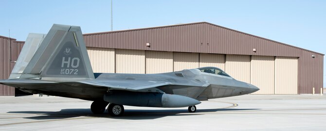HOLLOMAN AIR FORCE BASE N.M. – An F-22 Raptor taxis through the canyon during a Phase One Operational Readiness Exercise Feb. 29. The F-22 is a fifth-generation fighter jet. (U.S. Air Force photo by Airman 1st Class Colin Cates/Released)
