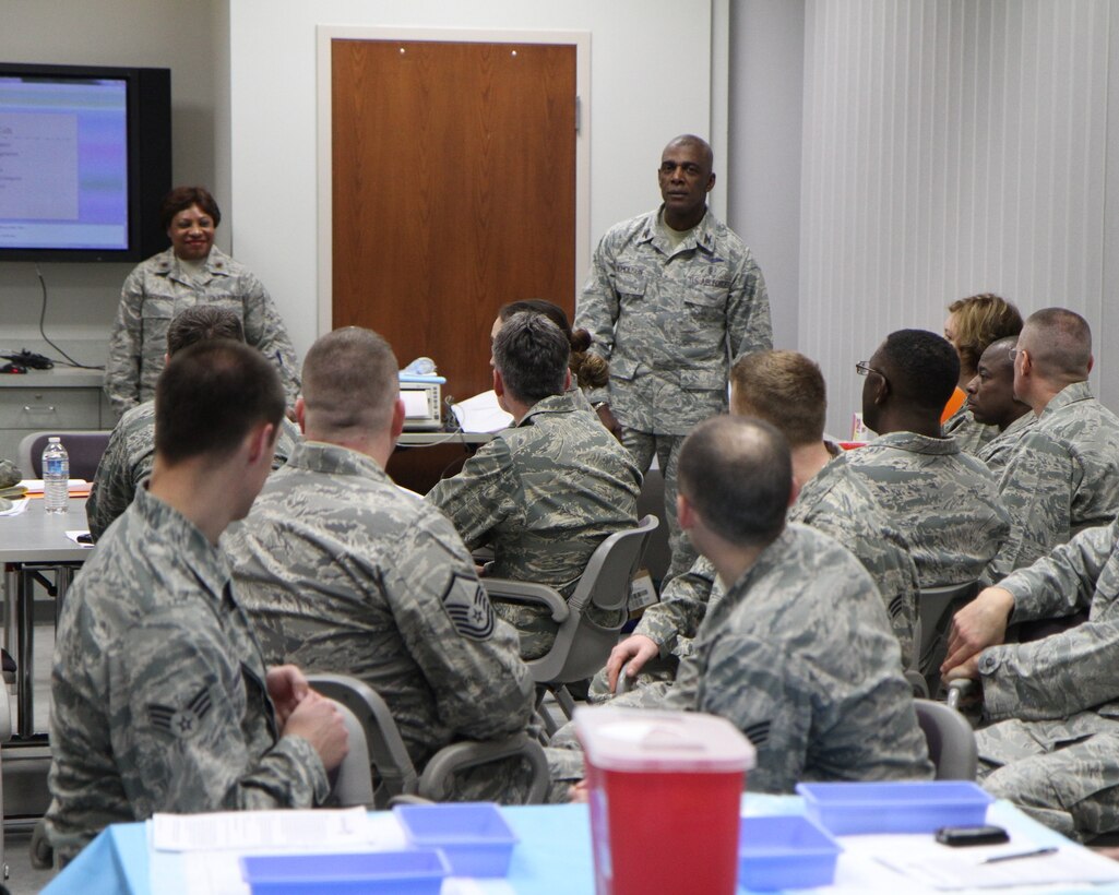 Unit training assembly weekends in Illinois are a time to learn new skills and update others.  Col. Arthur Nicholson, commander at the 932nd Medical Group, speaks to a group of his Airmen before they start extensive refresher skills training during a recent drill weekend at Scott Air Force Base, Ill.  The 932nd Airlift Wing is an Air Force Reserve Command unit located less than 30 minutes from Saint Louis.  (U.S. Air Force photo/Tech. Sgt. Christopher Parr)
