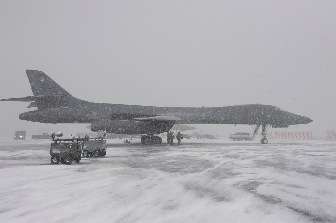 Airmen from the 28th Maintenance group inspect a B-1 bomber for damages during an Operational Readiness Exercise held at Ellsworth Air Force Base, S.D., Feb. 24, 2012.  These exercises test the readiness of Ellsworth’s airmen, aircrews and aircraft for worldwide contingencies.  (U.S. Air Force photo by Airman 1st Class Anania Tekurio/Released)