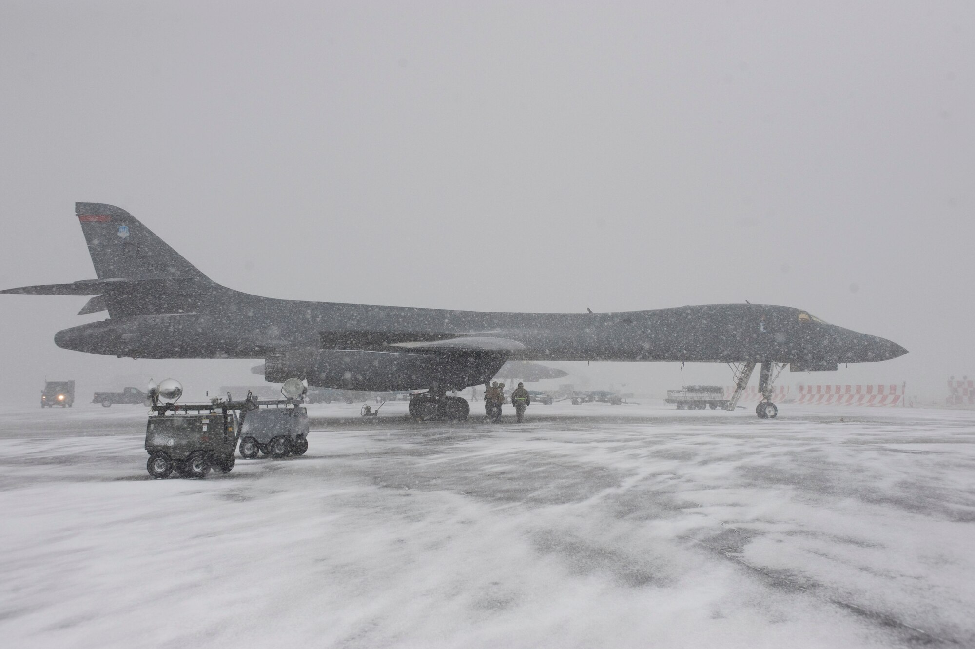 Airmen from the 28th Maintenance group inspect a B-1 bomber for damages during an Operational Readiness Exercise held at Ellsworth Air Force Base, S.D., Feb. 24, 2012.  These exercises test the readiness of Ellsworth’s airmen, aircrews and aircraft for worldwide contingencies.  (U.S. Air Force photo by Airman 1st Class Anania Tekurio/Released)