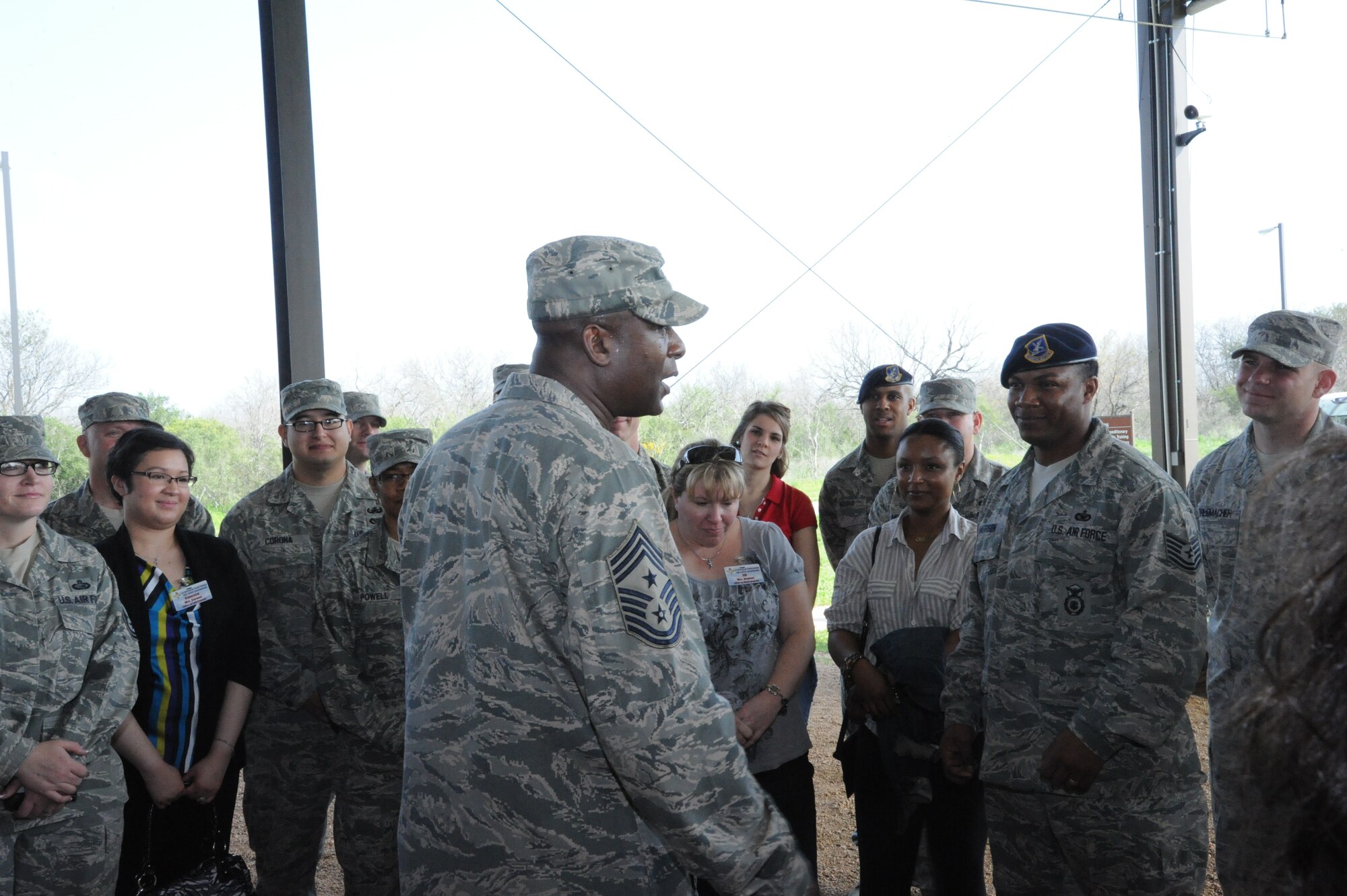 Command Chief Master Sgt. Juan Lewis, 37th Training Wing, speaks to the Air Education and Training Command's Outstanding Airman of the Year nominees at the BEAST at Lackland Air Force Base, Texas, March 2. The BEAST stands for Basic Expeditionary Airman Skills and Training, which is a two week training period of Basic Military Training designed to give Air Force trainees a realistic forward-operating base environment to practice wartime skills. (U.S. Air Force photo/Richard McFadden)