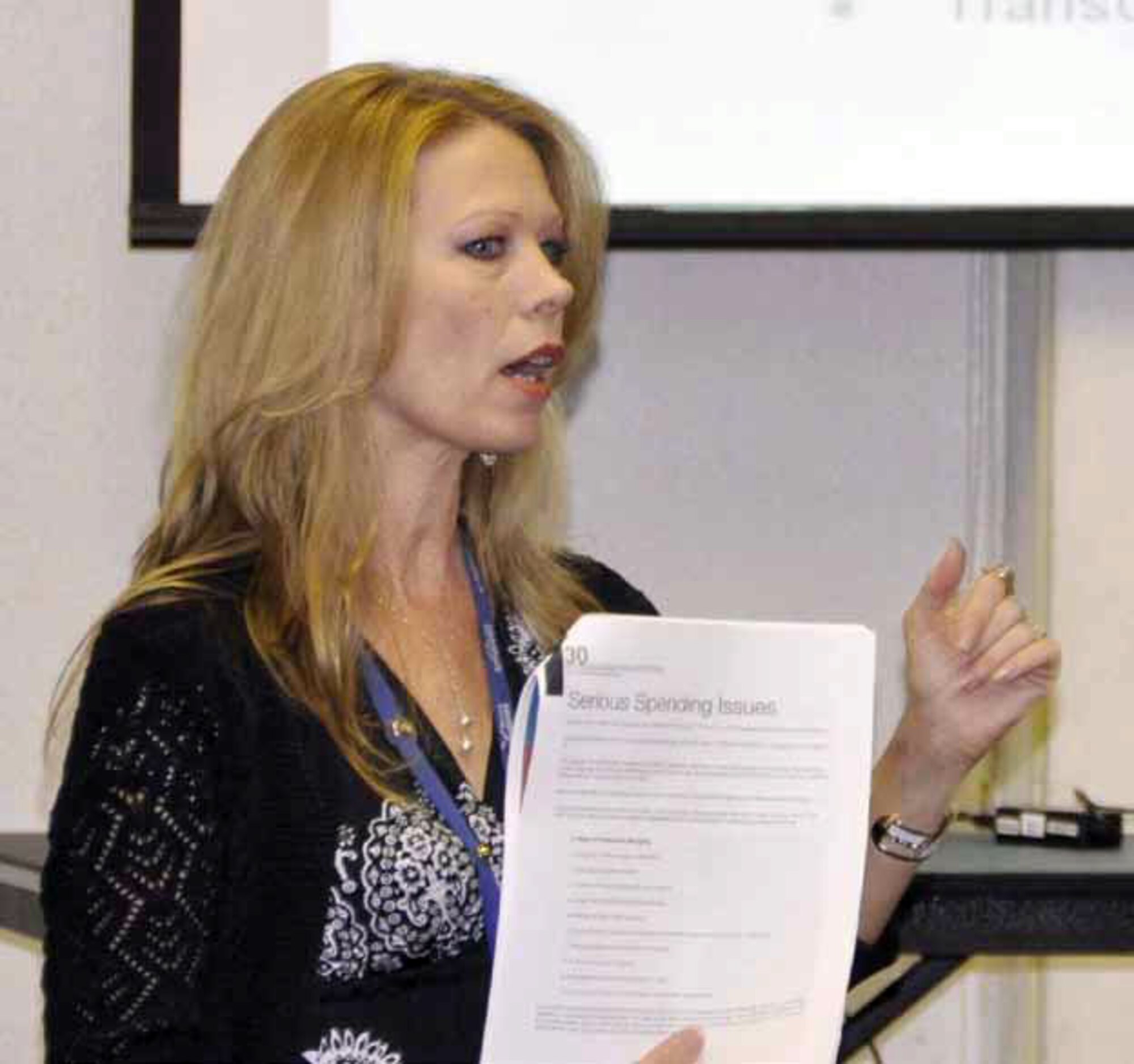 Lori Lamb of Springboard Financial in Riverside, Calif., hosted a financial workshop at March Air Reserve Base during the Military Saves campaign, to help attendees better understand steps toward a debt-free life. Springboard is a non-profit company affiliated with Military OneSource providing free, nationwide financial assistance to anyone who needs it. (U.S. Air Force photo by Linda Welz)