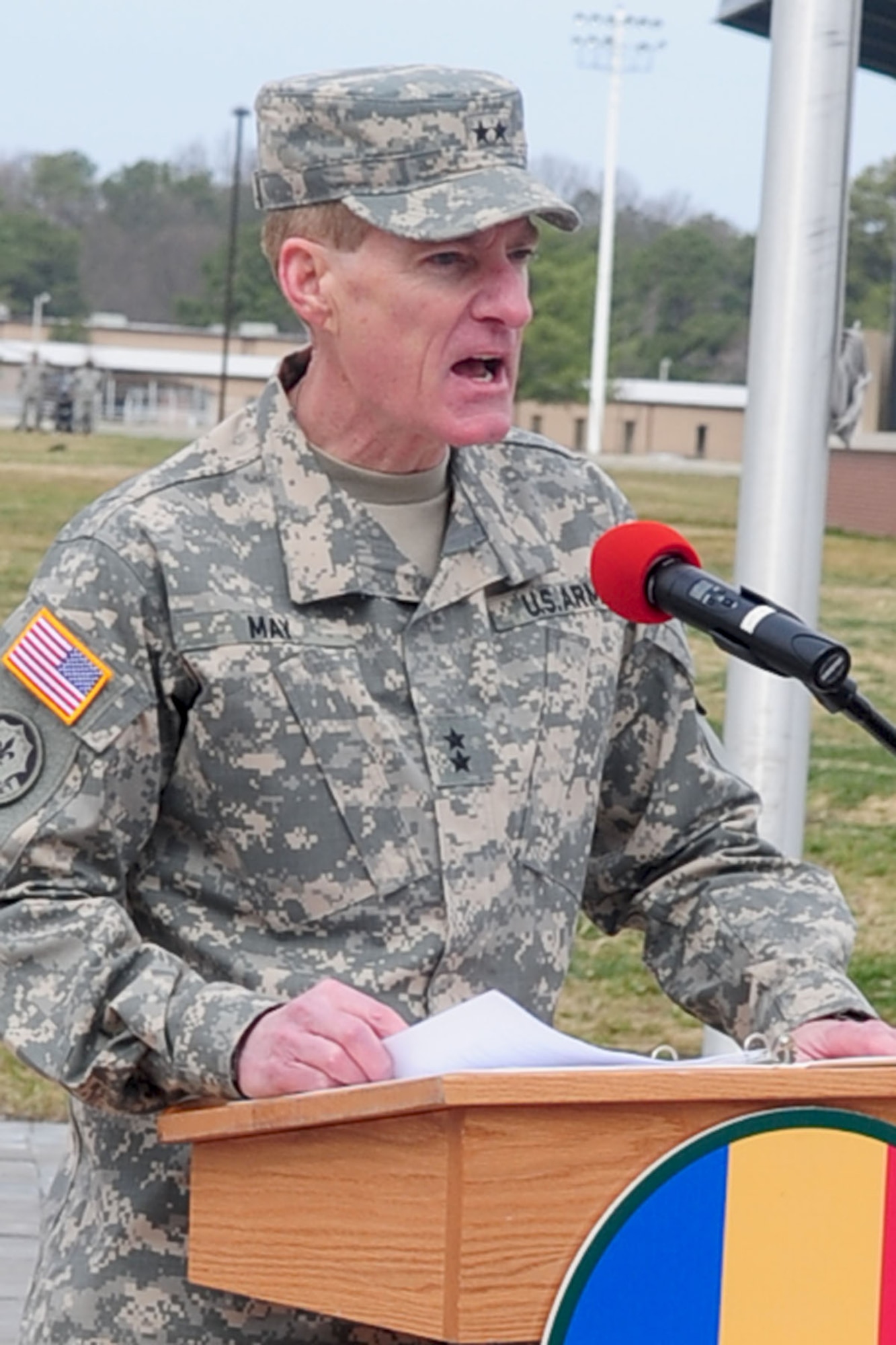 Maj. Gen. Bradley W. May, Deputy Commanding General, Initial Military Training, delivers his first official remarks as DCG-IMT during a change of responsibility ceremony March 2, 2012 at U.S. Army Training and Doctrine Command Headquarters, Fort Eustis, Va., March 2, 2012. Maj. Gen. Richard C. Longo transferred DCG-IMT responsibilities to May. (U.S. Air FOrce photo by Staff Sgt. Ashley Hawkins/Released)