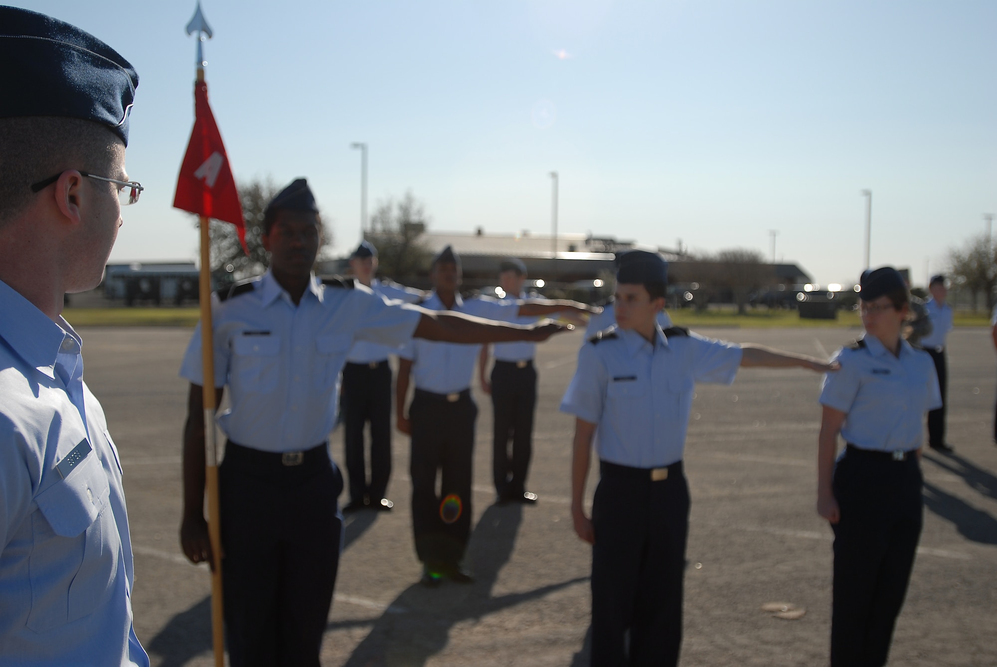 GOODFELLOW AIR FORCE BASE, Texas -- Angelo State University Reserve Officer Training Corps Cadet Brett Estes, "A" Flight Commander, prepares to call a command to his flight March 3, here. Each ROTC flight participating in the open ranks inspection consisted of freshman and sophomore cadets. (U.S. Air Force photo/Airman 1st Class Michael Smith)