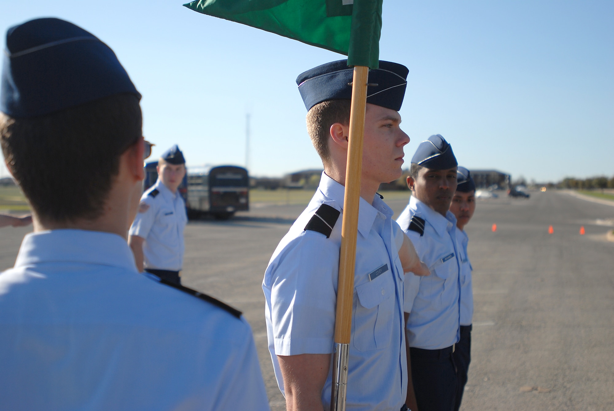 GOODFELLOW AIR FORCE BASE, Texas -- Angelo State University Reserve Officer Training Corps Cadet Dylan Parrish, "B" Flight Commander, aligns his first element March 3, here. The ROTC cadets conducted an open ranks inspection, with freshman and sophomore cadets, to test how well their training has been going. (U.S. Air Force photo/Airman 1st Class Michael Smith)