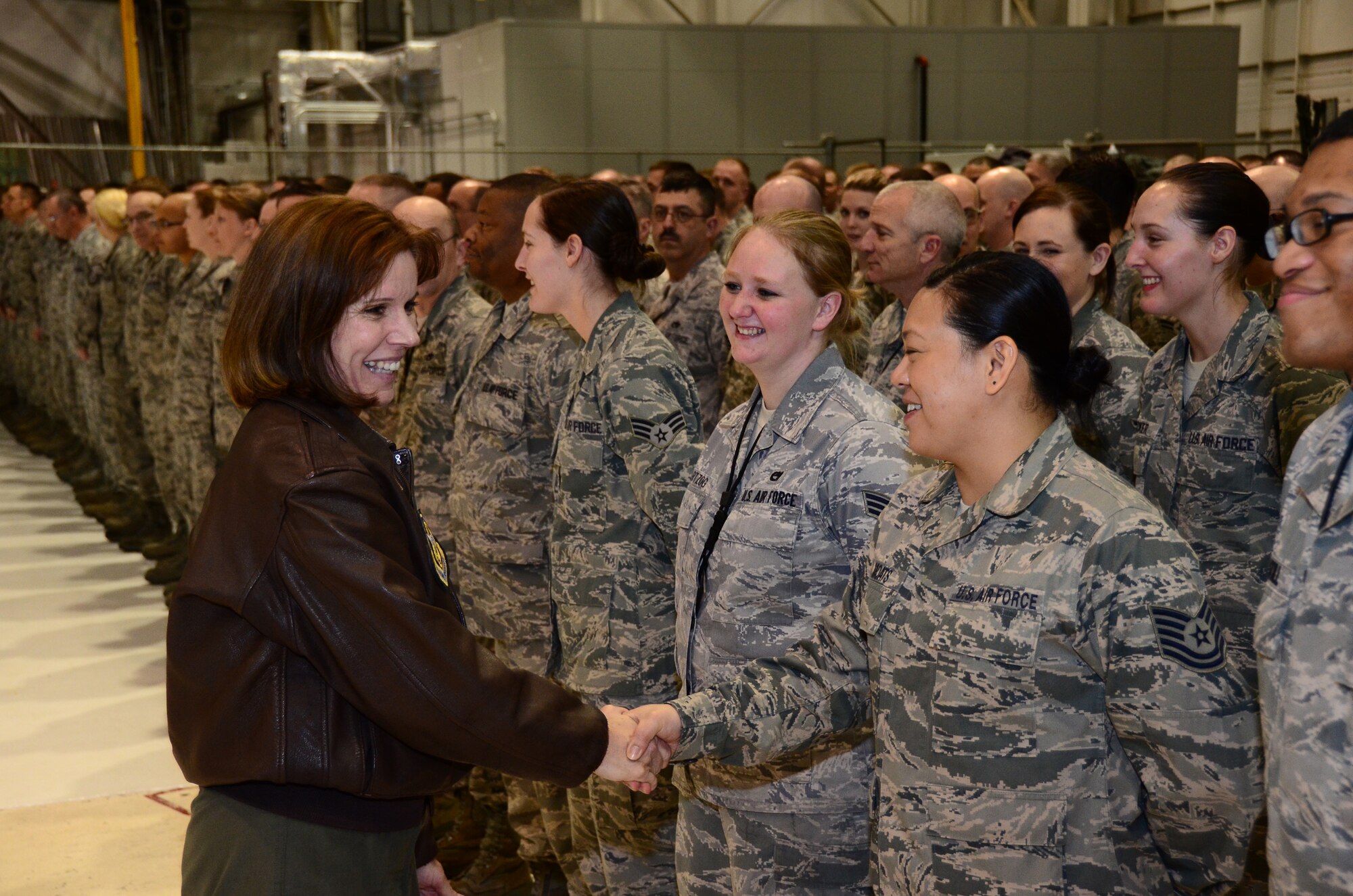 WRIGHT-PATTERSON AIR FORCE BASE, Ohio - Brig. Gen. Pamela Milligan, 4th Air Force vice commander, March Air Reserve Base, Calif., greets 445th Maintenance Group Airmen during her visit to the wing Feb. 3-5. (U.S. AIr Force photo/Senior Airman Mikhail Berlin)