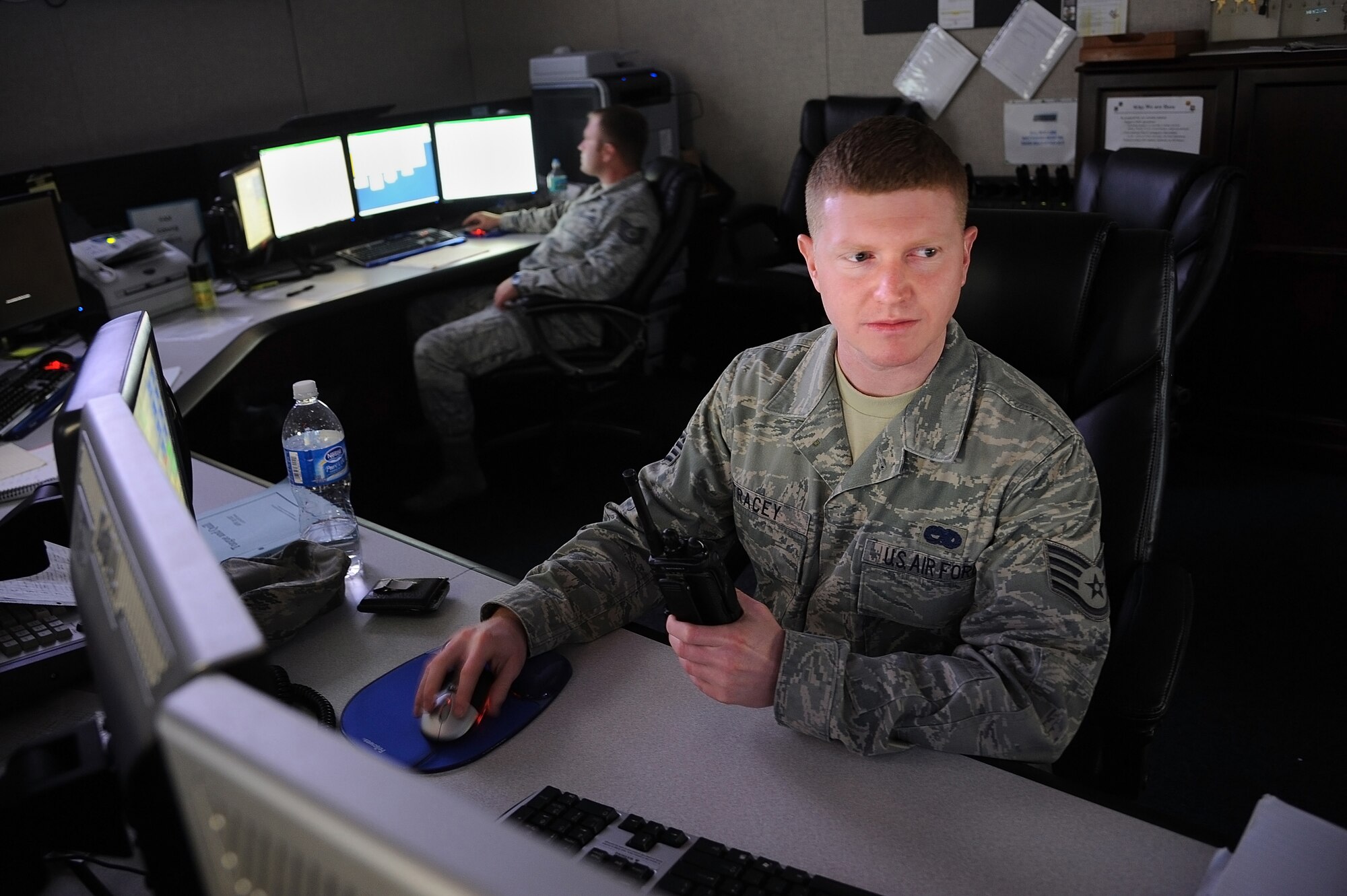 MACDILL AFB, Fla. -- Staff Sgt. Sean Tracey, 927th Maintenance Operations Flight, enters newly recieved data into maintenance logs March 3, 2011 at Macdill Air Force Base, Florida.  Sgt. Tracey, an aircraft production controller, records any repairs to aircraft in a database, ensuring continuity in maintenance no matter where the plane may travel.  (U.S. Air Force photo/Staff Sgt. Jennie Chamberlin)