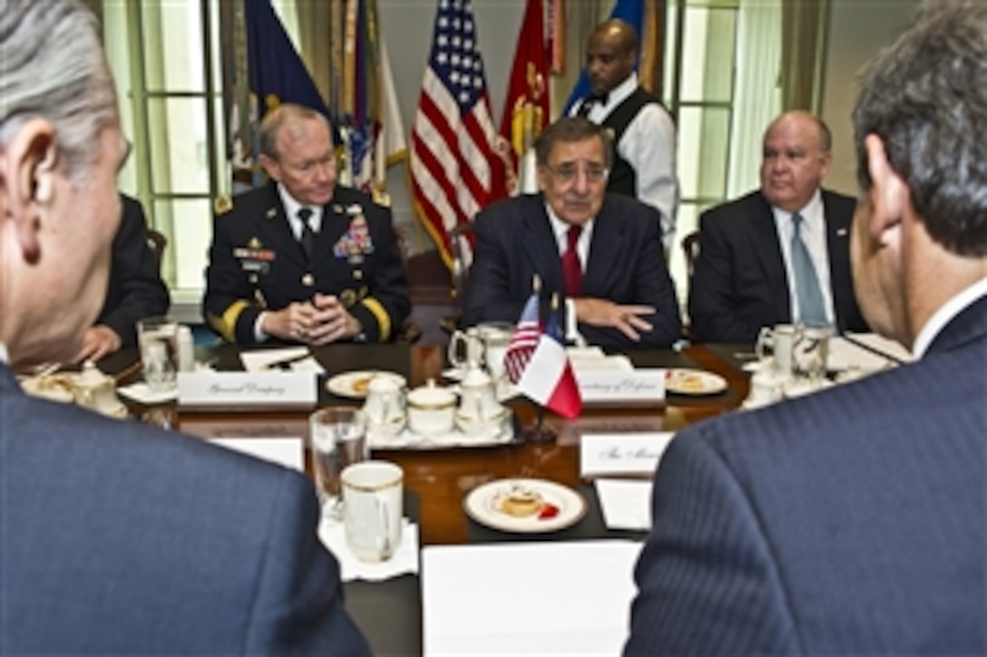 Defense Leon E. Panetta meets with Chilean Defense Minister Andres Allamand Zavala at the Pentagon, March 5, 2012.