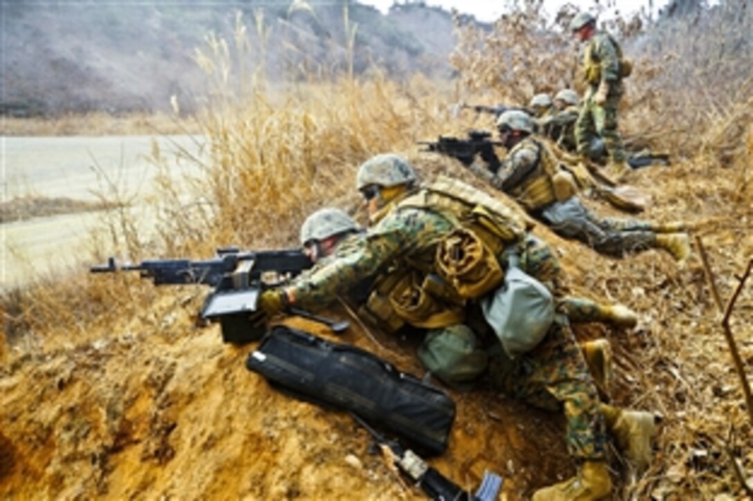 U.S. Marines conduct a live fire exercise using M16 A4 rifles, M4 assault rifles, M240 medium machine guns and the M39 enhanced marksmanship rifle on Camp Rodriguez, South Korea, March 4, 2012. The Marines are assigned to the 2nd Company, 2nd Platoon, Fleet Antiterrorism Security Team Pacific. More than 50 Marines are training at the Camp Rodriguez Live Fire Complex as part of FAST Exercise 2012 to further sustain and improve their weapons marksmanship skills.