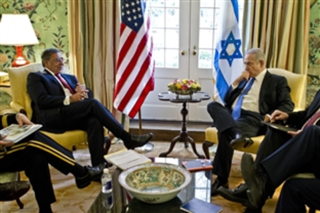 U.S. Defense Secretary Leon E. Panetta meets with Israeli Prime Minister Benjamin Netanyahu at Blair House in Washington, D.C., March 5, 2012.