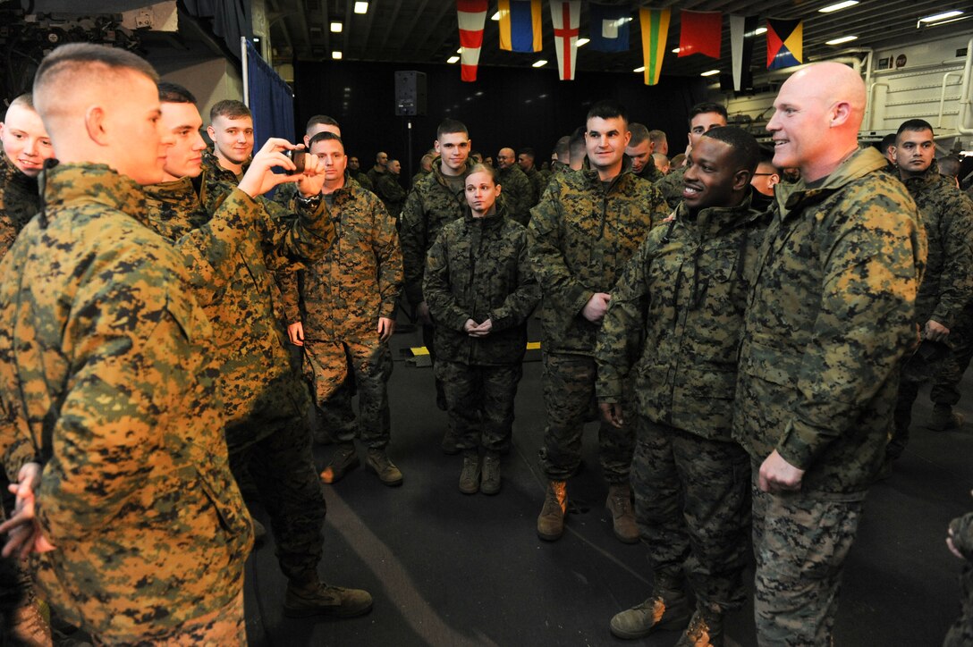 Sgt. Maj. Micheal P. Barrett, the 17th Sergeant Major of the Marine Corps, attends the 21st Century Sailor and Marine Rollout aboard the USS Bataan in Norfolk, Va., March 5, 2012.