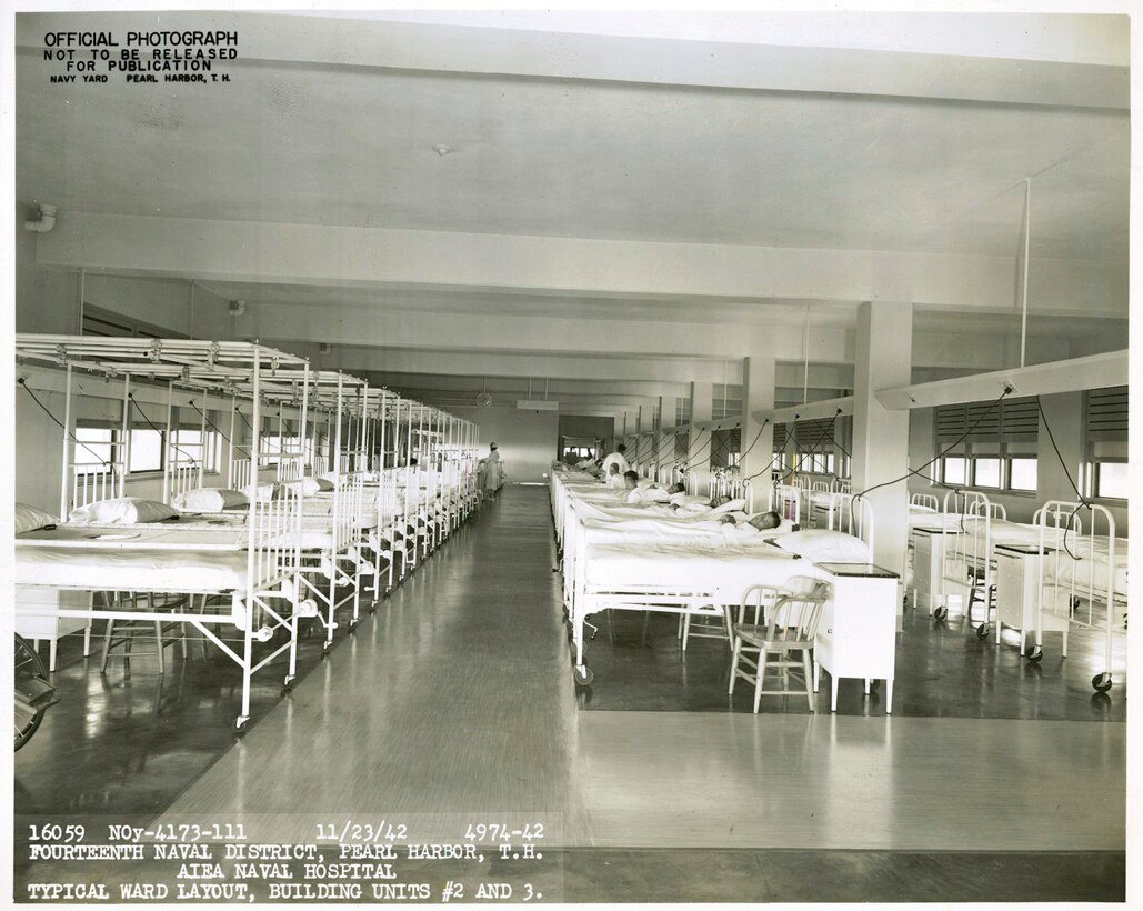CAMP H.M. SMITH, Hawaii-Aiea Naval Hospital, which was decommissioned May 31, 1949, once housed these standard wards throughout its wings. Today those wings have been separated into offices where different work sections in U.S. Marine Corps Forces, Pacific support operations for Marines here and around the world. The building that currently headquarters MarForPac was once the primary rear-area hospital for the Navy and Marine Corps during World War II.