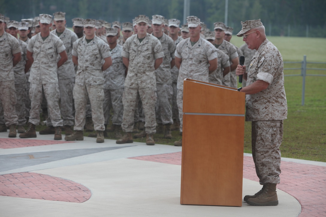 Maj. Gen. Paul E. Lefebvre, commander of U.S. Marine Corps Forces, Special Operations Command, delivers a speech outside of MARSOC headquarters during a 9/11 memorial ceremony aboard Camp Lejeune, N.C. Sept.12. September was a month of rememberance and reflection, marked by several ceremonies taking place throughout MARSOC to honor its fallen warriors and the victims of 9/11.