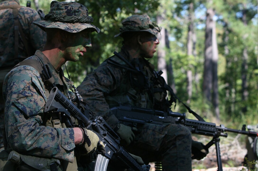 Marines attending the Individual Trainging Course conduct patrols during the course's culminating exercise, Raider Spirit.