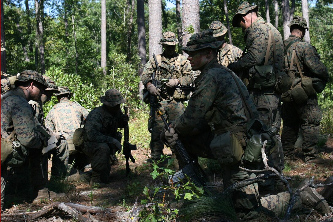 Marines attending the Individual Trainging Course conduct patrols during the course's culminating exercise, Raider Spirit.