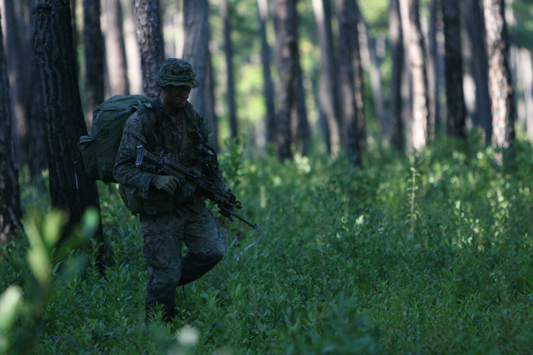 Marines attending the Individual Trainging Course conduct patrols during the course's culminating exercise, Raider Spirit.