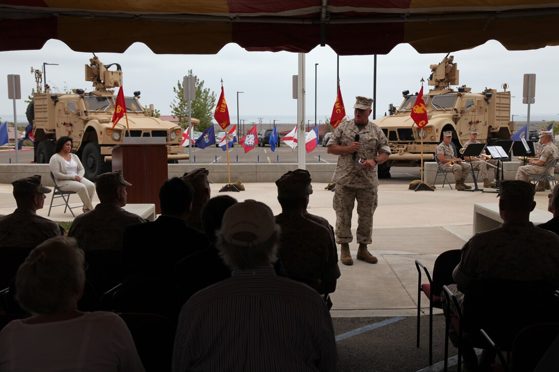 Maj. Gen. Paul E. Lefebvre, commander of U.S. Marine Corps Forces, Special Operations Command, delivers a speech at a memorial dedication ceremony aboard Camp Pendleton, Calif. Sept. 16, in which a monument dedicated to 1st Marine Special Operations Battalion's fallen warriors was unveiled. September was a month of rememberance and reflection, marked by several ceremonies taking place throughout MARSOC to honor its fallen servicemembers and the victims of 9/11. 