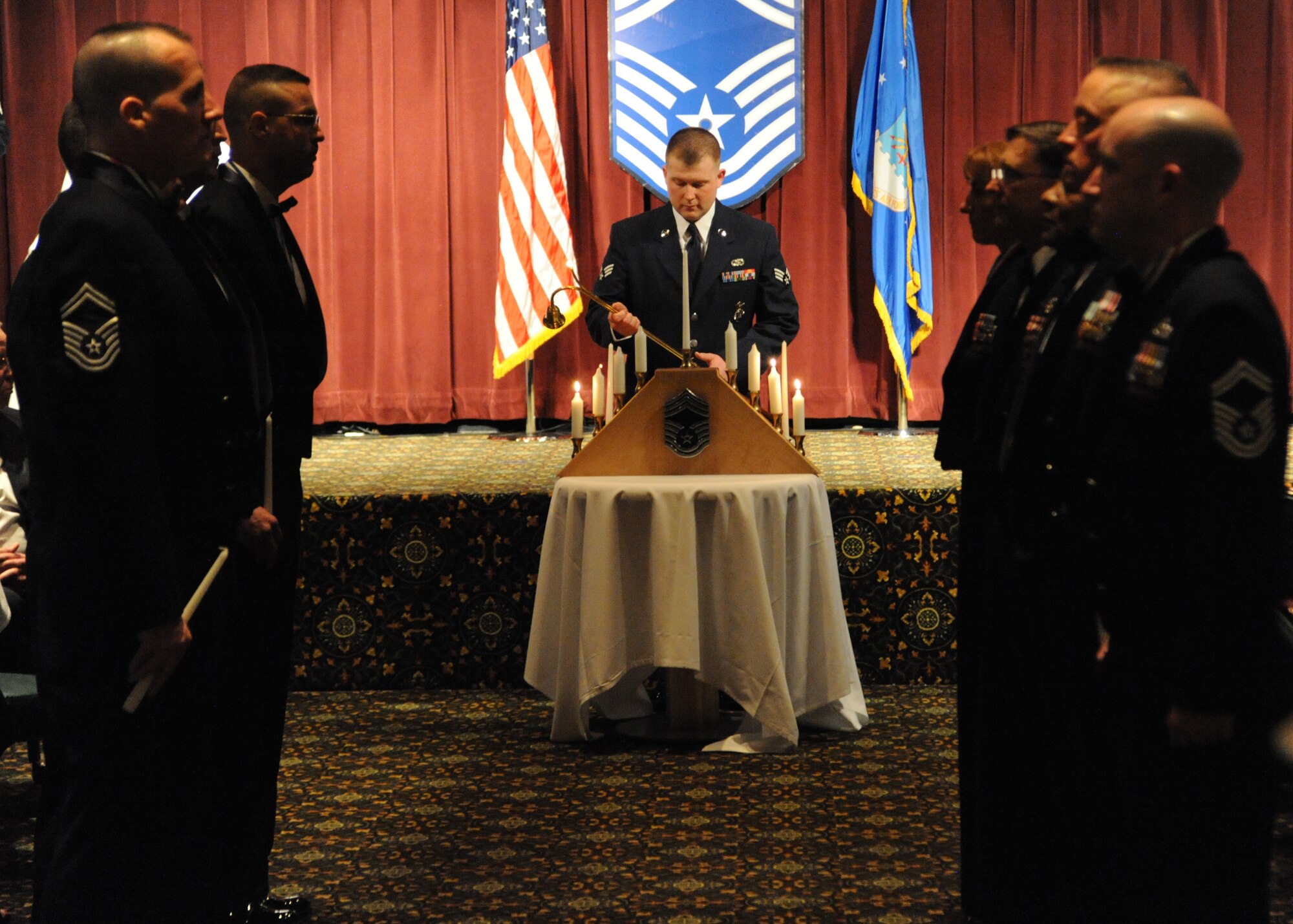 McChord Field’s newest chief master sergeants stand at attention during a Chief’s Recognition Ceremony March 2, 2012, at Joint Base Lewis-McChord, Wash. Chiefs make up the top one percent of the Air Force enlisted force structure. (U.S. Air Force photo/Master Sgt. Chris Haylett)