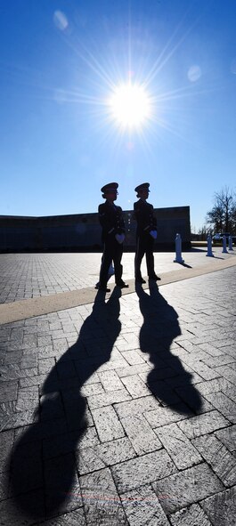 HIGGINSVILLE, Mo. -- Ceremonial guardsmen from the 509th Bomb Wing Honor Guard stand at ease during a funeral at the Veteran’s Cemetery Jan. 10. With a team of 44 Airmen ranking from airman basic to technical sergeant, the 509th BW Honor Guard has a mission that covers 118 counties. (U.S. Air Force photo/Senior Airman Nick Wilson)
