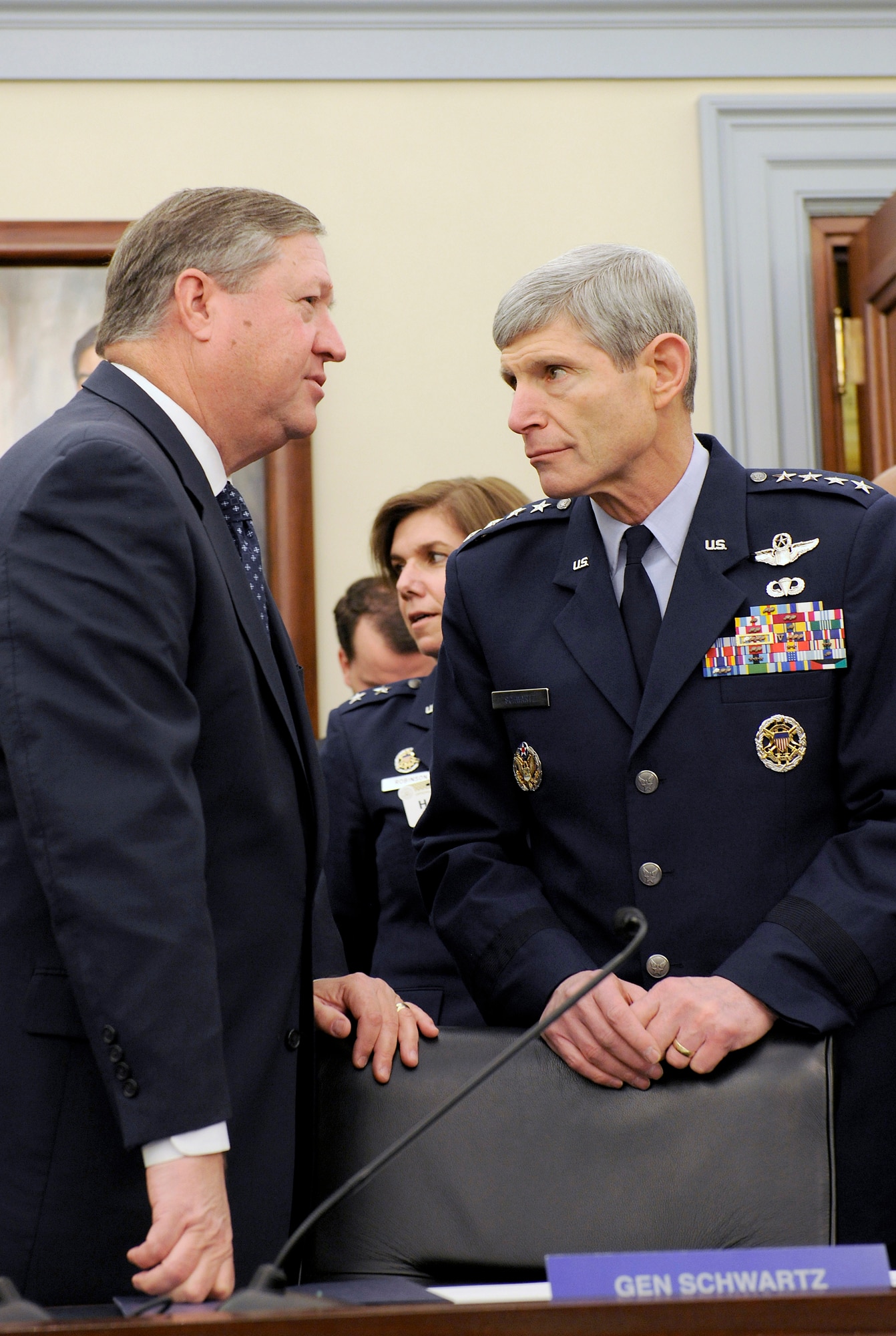 Secretary of the Air Force Michael Donley and Air Force Chief of Staff Gen.
Norton Schwartz talk prior to an Air Force budget hearing before the U.S.
House Appropriations Subcommittee on Defense on March 6, 2012, in Washington, D.C. (U.S. Air Force photo/Scott M. Ash)
