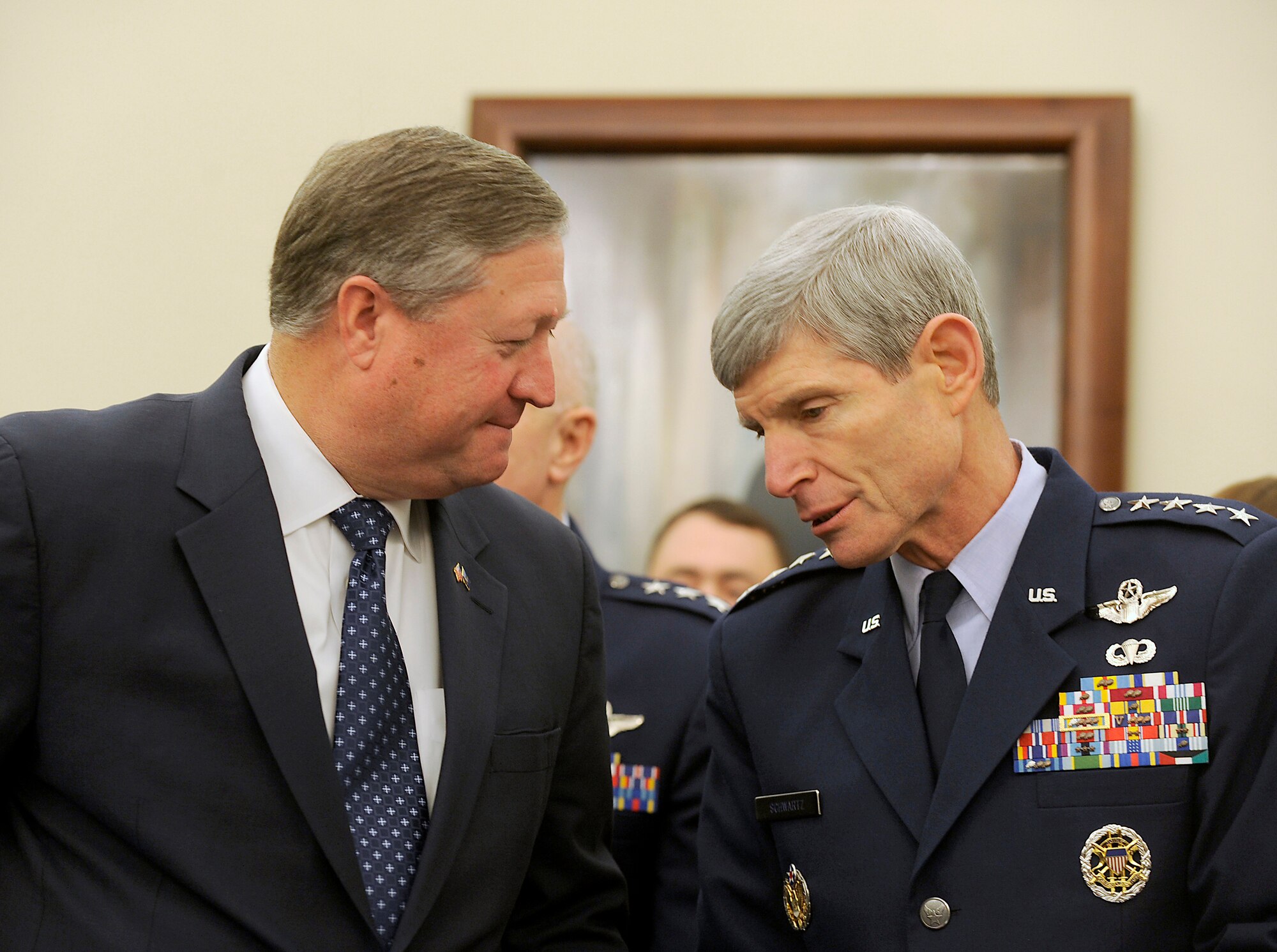 Secretary of the Air Force Michael Donley and Air Force Chief of Staff Gen.
Norton Schwartz talk prior to an Air Force budget hearing before the U.S.
House Appropriations Subcommittee on Defense on March 6, 2012, in Washington, D.C. (U.S. Air Force photo/Scott M. Ash)
