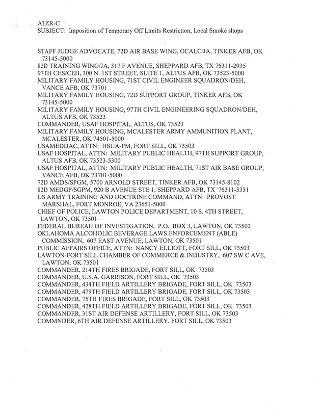 Imposition of temporary off-limits restriction, local smoke shops. 