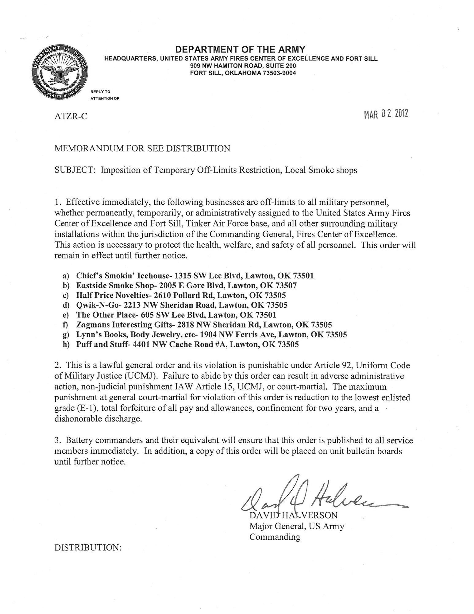 Imposition of temporary off-limits restriction, local smoke shops. 