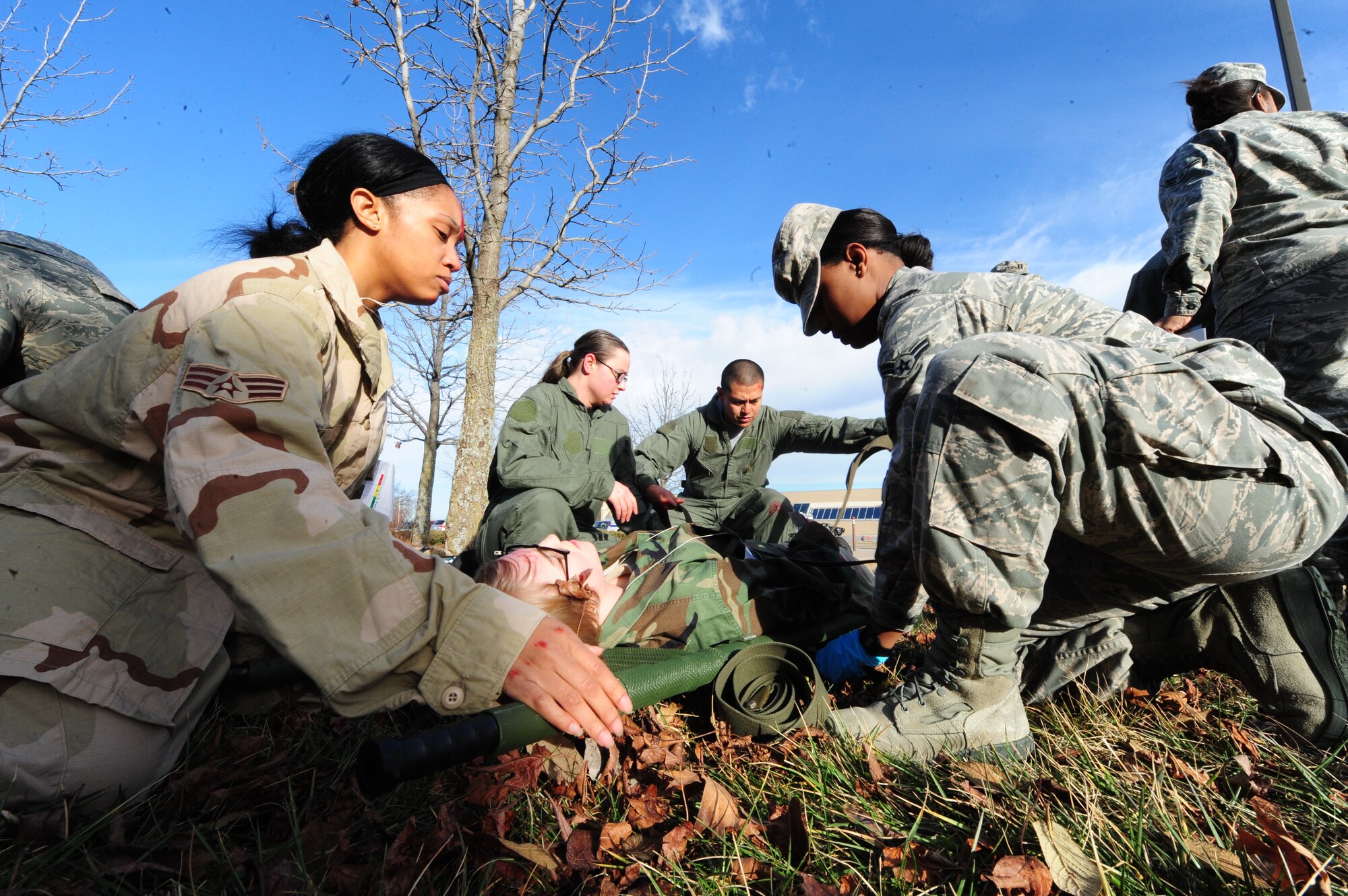 WHITEMAN AIR FORCE BASE, Mo. -- First responders from the 509th Medical Group arrive on scene to provide medical assistance to a moulaged victim during a Major Accident Response Exercise Feb. 23. The goal of the MARE was to provide an opportunity for first responders and emergency management Airmen to react during an active shooter emergency and evaluate their ability to coordinate with other base agencies. (U.S. Air Force photo/Senior Airman Nick Wilson)