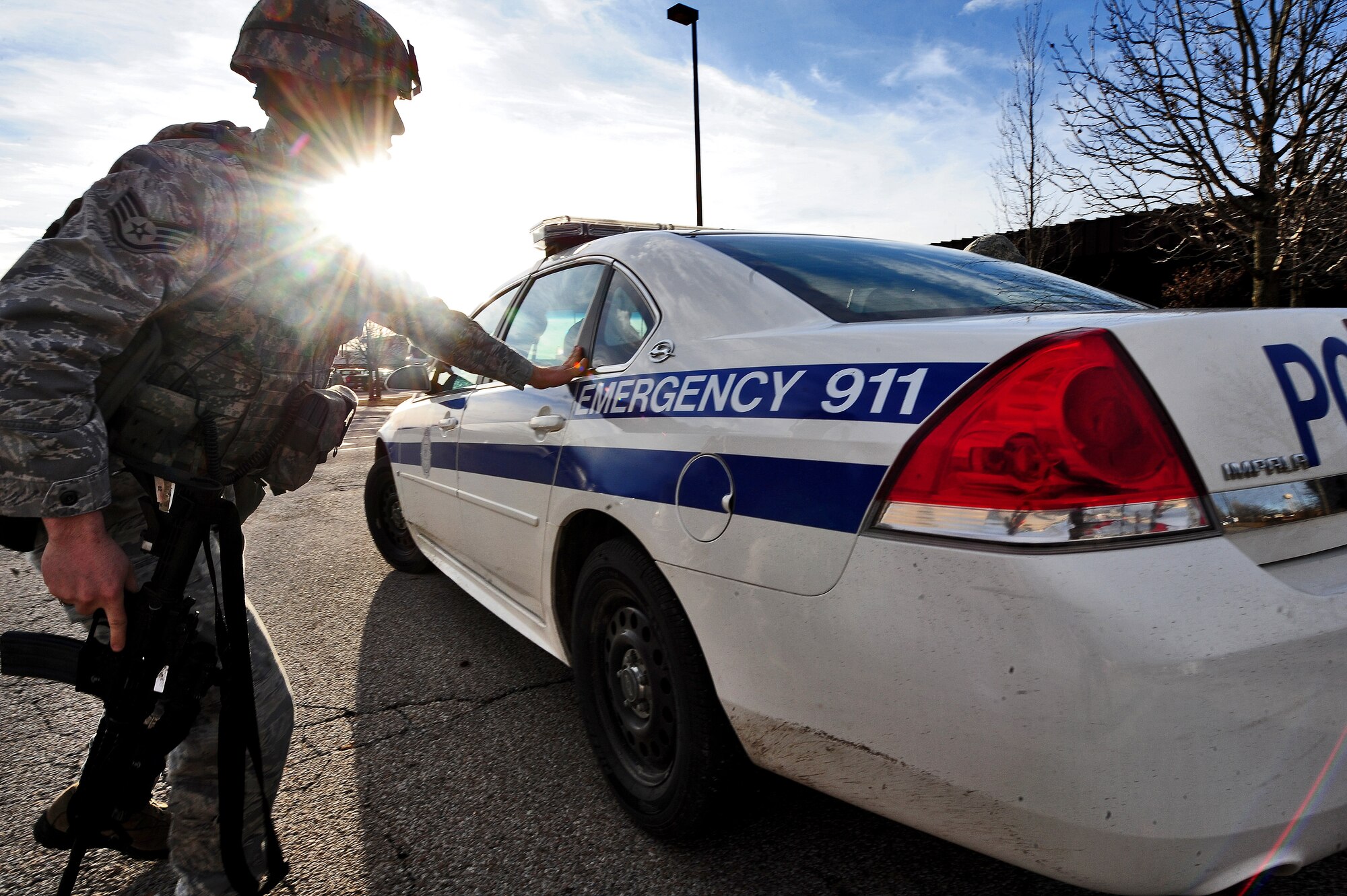 WHITEMAN AIR FORCE BASE, Mo. -- A first responder from the 509th Security Forces Squadron arrives on scene to assist in detaining an active shooter during a Major Accident Response Exercise Feb. 23. An active shooter can cause a life-threatening situation. Taking proper precautions can mean the difference between life and death. (U.S. Air Force photo/Senior Airman Nick Wilson)