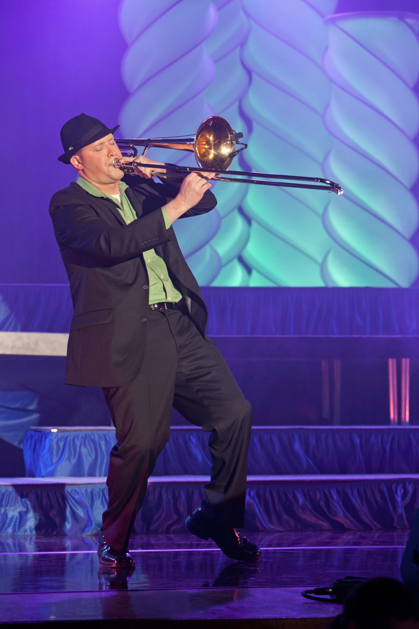 Staff Sgt. Daniel Knight, 21st Medical Group public health manager, performs “Autumn Leaves,” a jazz standard, at his final audition for Tops in Blue. Knight was selected to be part of the Tops in Blue band and will spend the next year on a permissive temporary duty assignment while performing around the globe with the group. (Courtesy photo/Maj. Chris Burch)