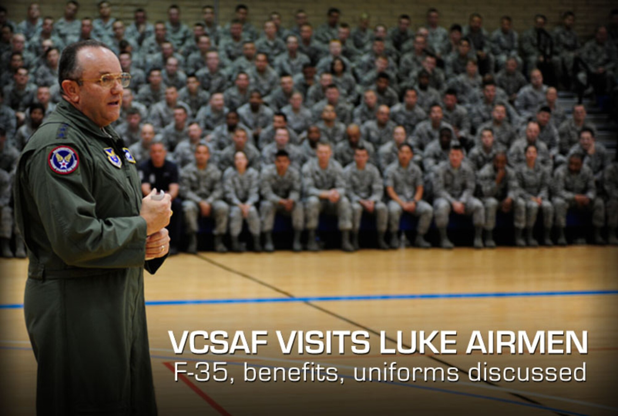 Air Force Vice Chief of Staff Gen. Phil Breedlove speaks to Airmen at Luke Air Force Base, Ariz., during his visit on March 2, 2012. Breedlove visited the base to attend the 309th Fighter Squadron B-Course graduation and took the opportunity to address issues and provide insight on current Air Force topics during an Airmen's Call. (U.S. Air Force photo by Staff Sgt. Jason Colbert) 