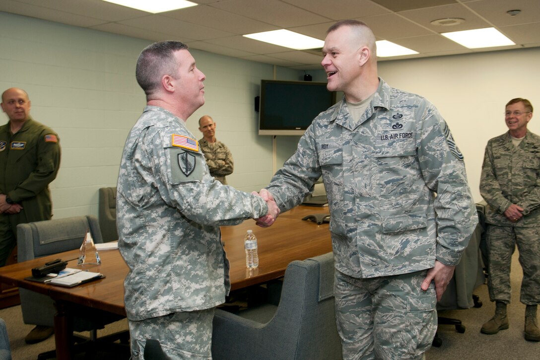 Chief Master Sergeant of the Air Force James A. Roy is greeted by Major General James A. Hoyer, Adjutant General for West Virginia, Sunday March 4, 2012, during his visit to the 167th AIrlift Wing, Martinsburg, WV. Chief Roy also met with the active duty maintenance personnel and security forces personnel, had  lunch with the 167th Airlift Wiing Airmen of the Year and had a town hall meeting with enlisted members in the afternoon.(U.S. Air Force photo by Master Sgt Emily Beightol-Deyerle)