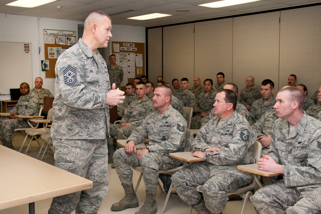 Chief Master Sergeant of the Air Force James A. Roy talks with Secuirty Forces personnel at the 167th Airlift Wing in Martinsburg, WV, Sunday March 4, 2012. Chief Roy also met with the active duty maintenance personnel, had  lunch with the 167th Airlift Wing Airmen of the Year and had a town hall meeting with enlisted members in the afternoon.(U.S. Air Force photo by Master Sgt Emily Beightol-Deyerle)