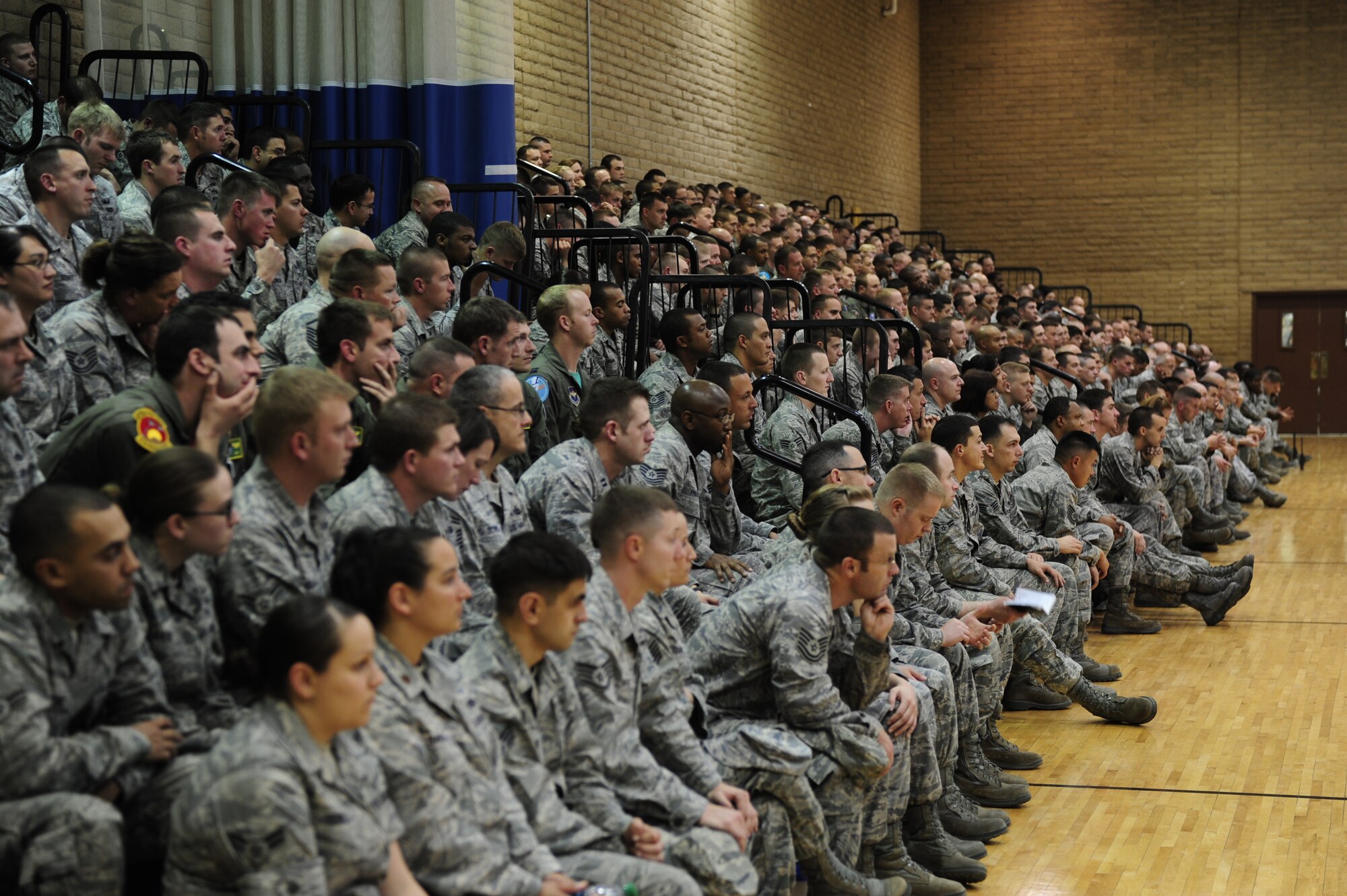 Airmen at Luke Air Force Base, Ariz., listen to Air Force Vice Chief of Staff Gen. Phil Breedlove during his visit on March 2, 2012. During an Airmen's Call, Breedlove addressed many issues, including the Air Force's fiscal 2013 budget request and the F-35 Lightning II. (U.S. Air Force photo by Staff Sgt. Jason Colbert)
