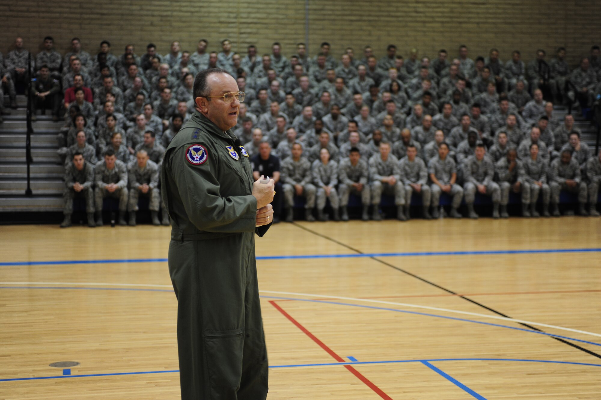 Air Force Vice Chief of Staff Gen. Phil Breedlove speaks to Airmen at Luke Air Force Base, Ariz., during his visit on March 2, 2012. Breedlove visited the base to attend the 309th Fighter Squadron B-Course graduation and took the opportunity to address issues and provide insight on current Air Force topics during an Airmen's Call. (U.S. Air Force photo by Staff Sgt. Jason Colbert)
